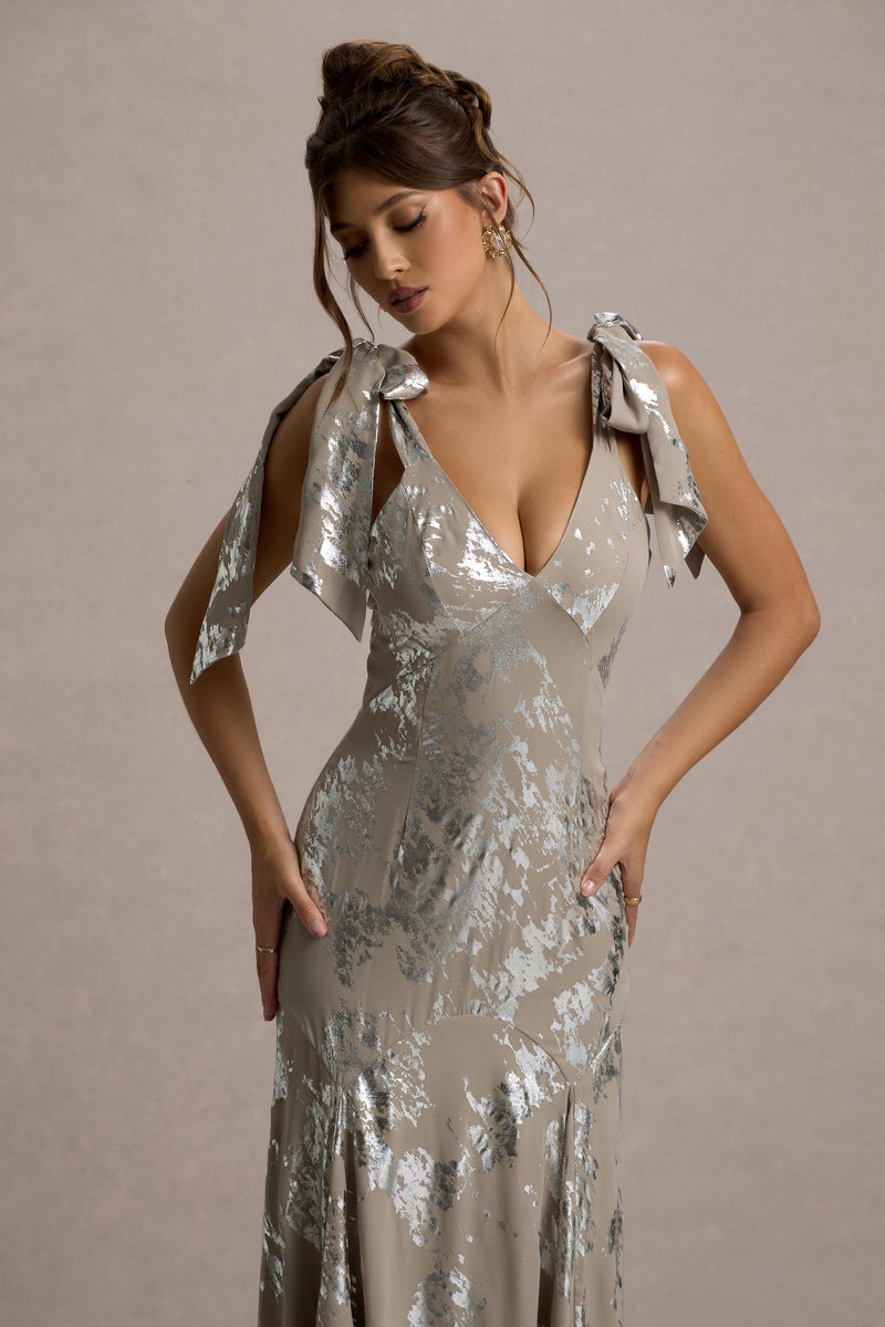 club l metallic dress Lula Champagne Metallic Plunge-Neck Maxi Dress With Bow Straps – Club L  London