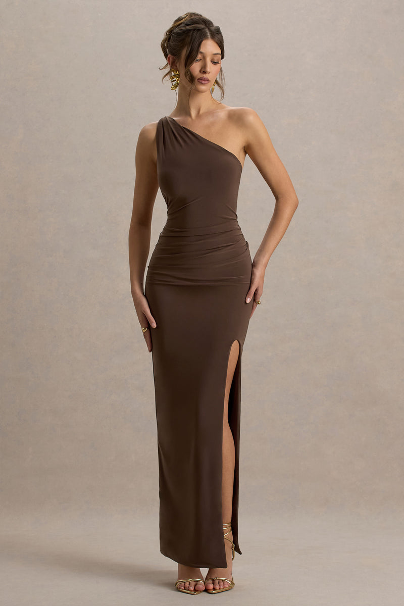 Dressing Up Chocolate Brown One Shoulder Maxi Dress With Open Back D