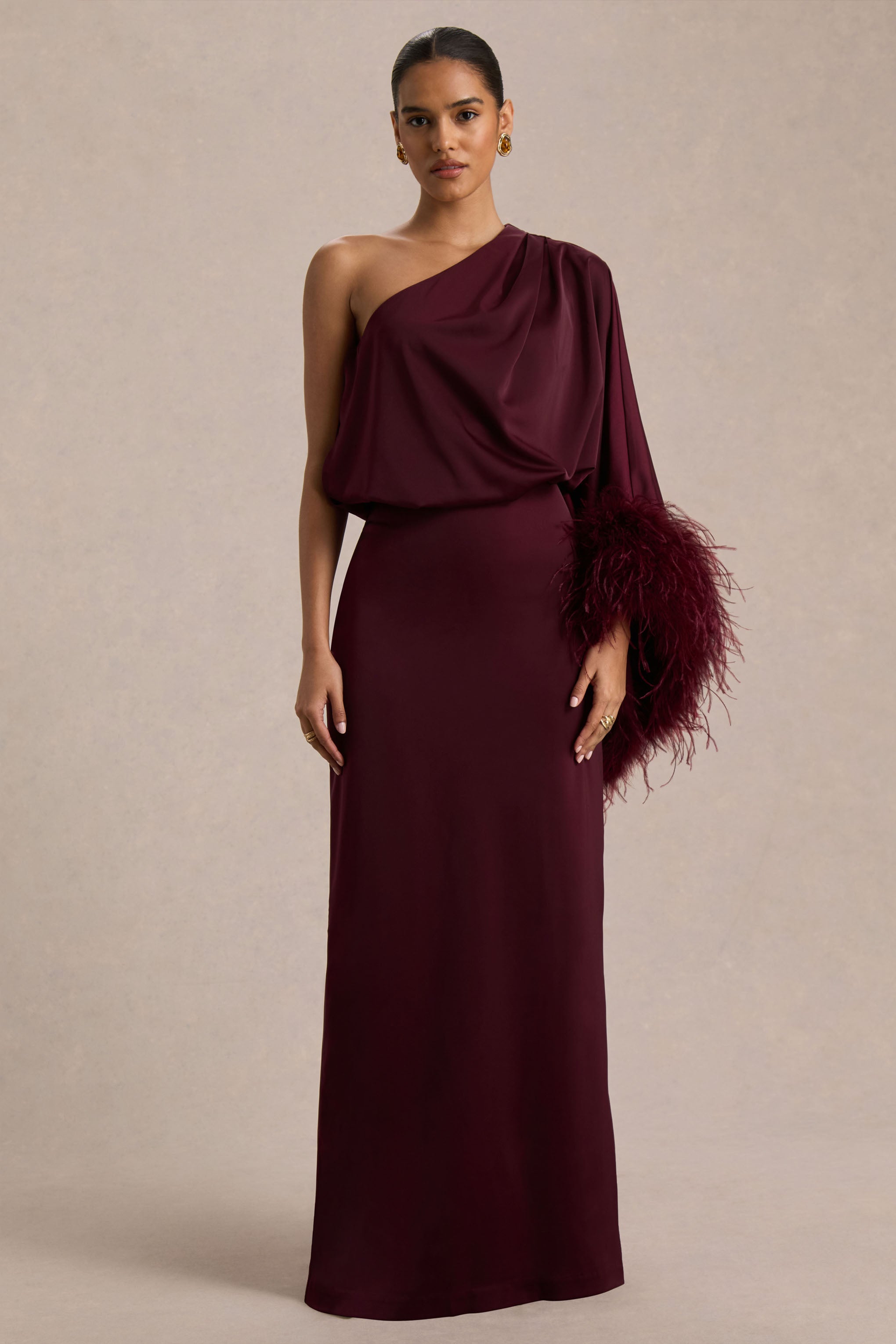 Felicity | Burgundy Satin Asymmetric-Neck Maxi Dress With Feather and – Club L London