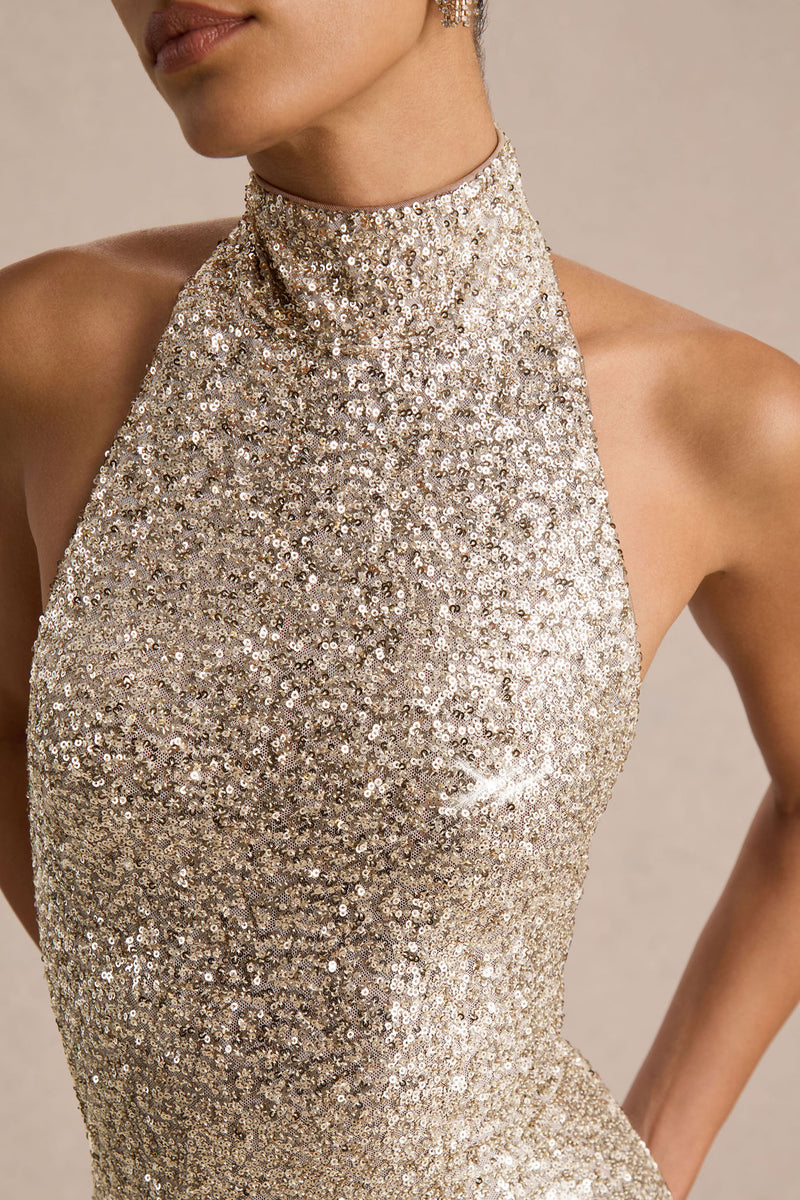 Tulia Gold Sequin High-Neck Maxi Dress – Club L London