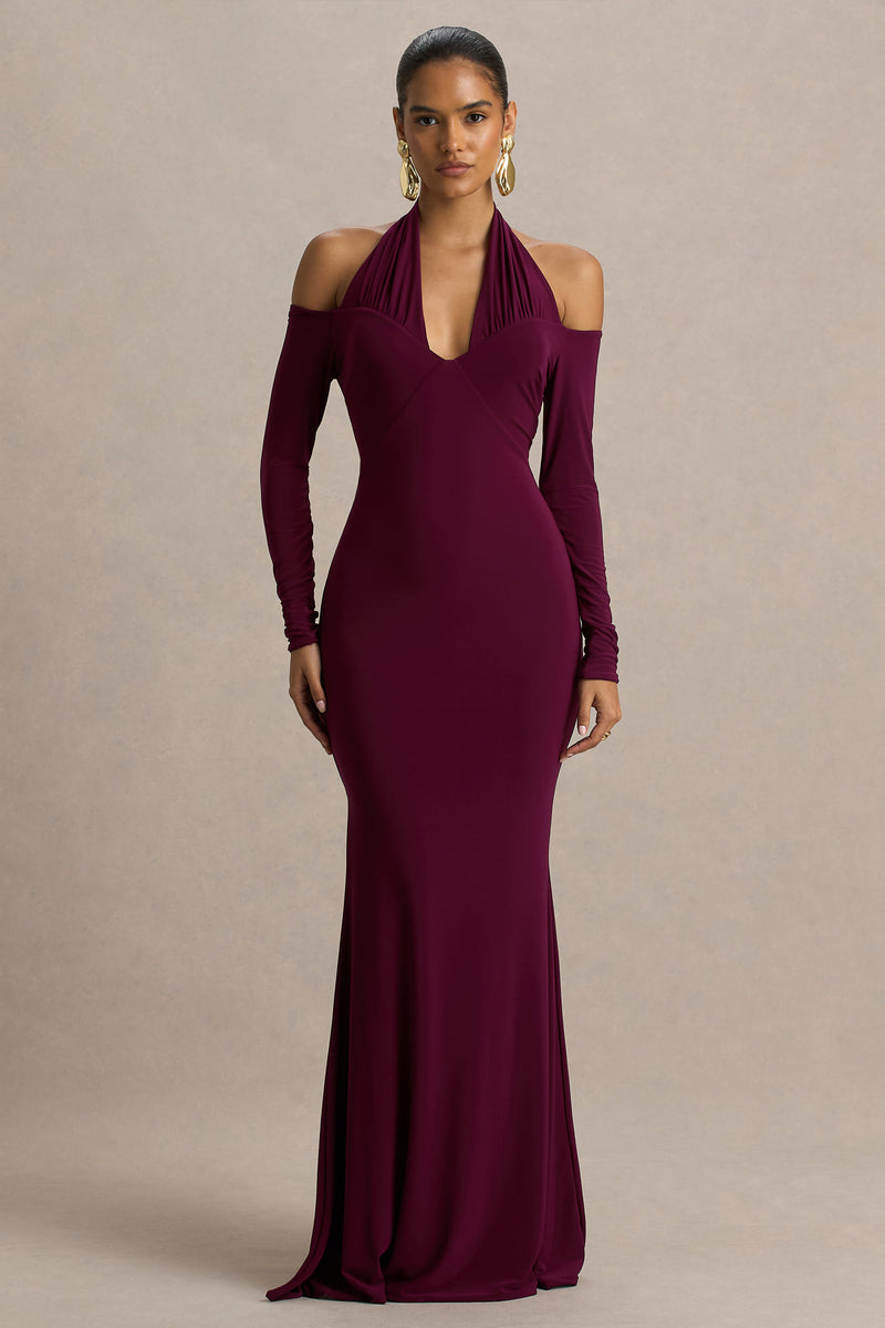 Living High Burgundy Halter-Neck Maxi Dress With Long Sleeves – Club L