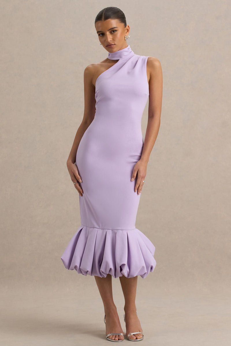 Sabine Lilac One-Shoulder Ruffle-Trim Midi Dress – Club L London
