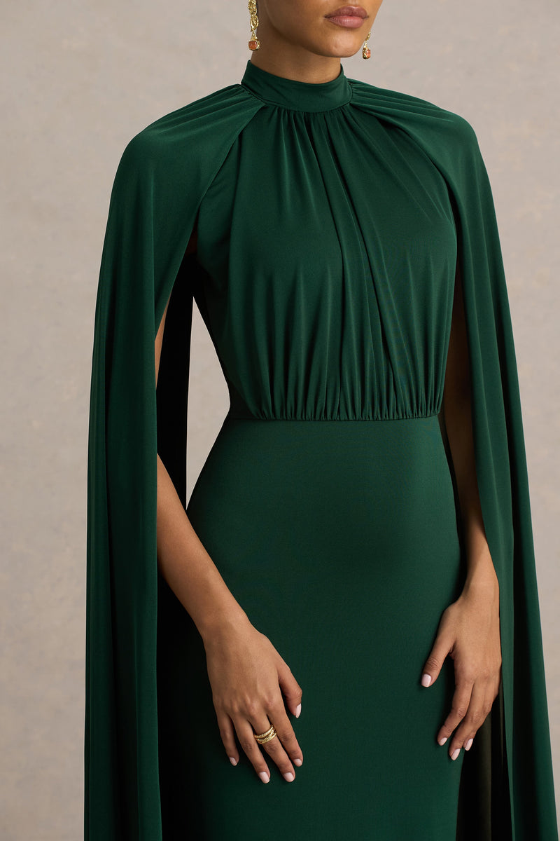 Darielle Bottle Green High-Neck Cape-Sleeve Maxi Dress – Club L London