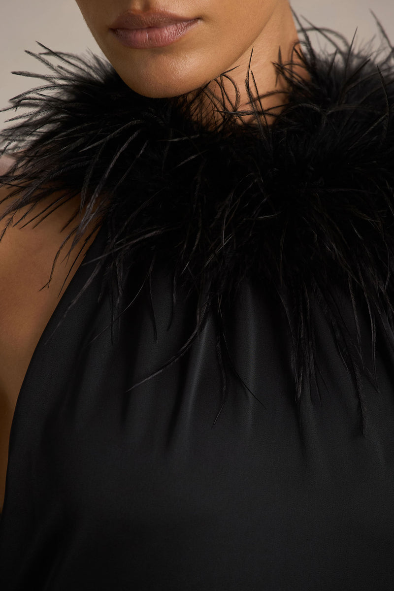 dancing feathers tassel halter neck maxi dress in black Dancing Feathers Tassel Halter Neck Maxi Dress in Black