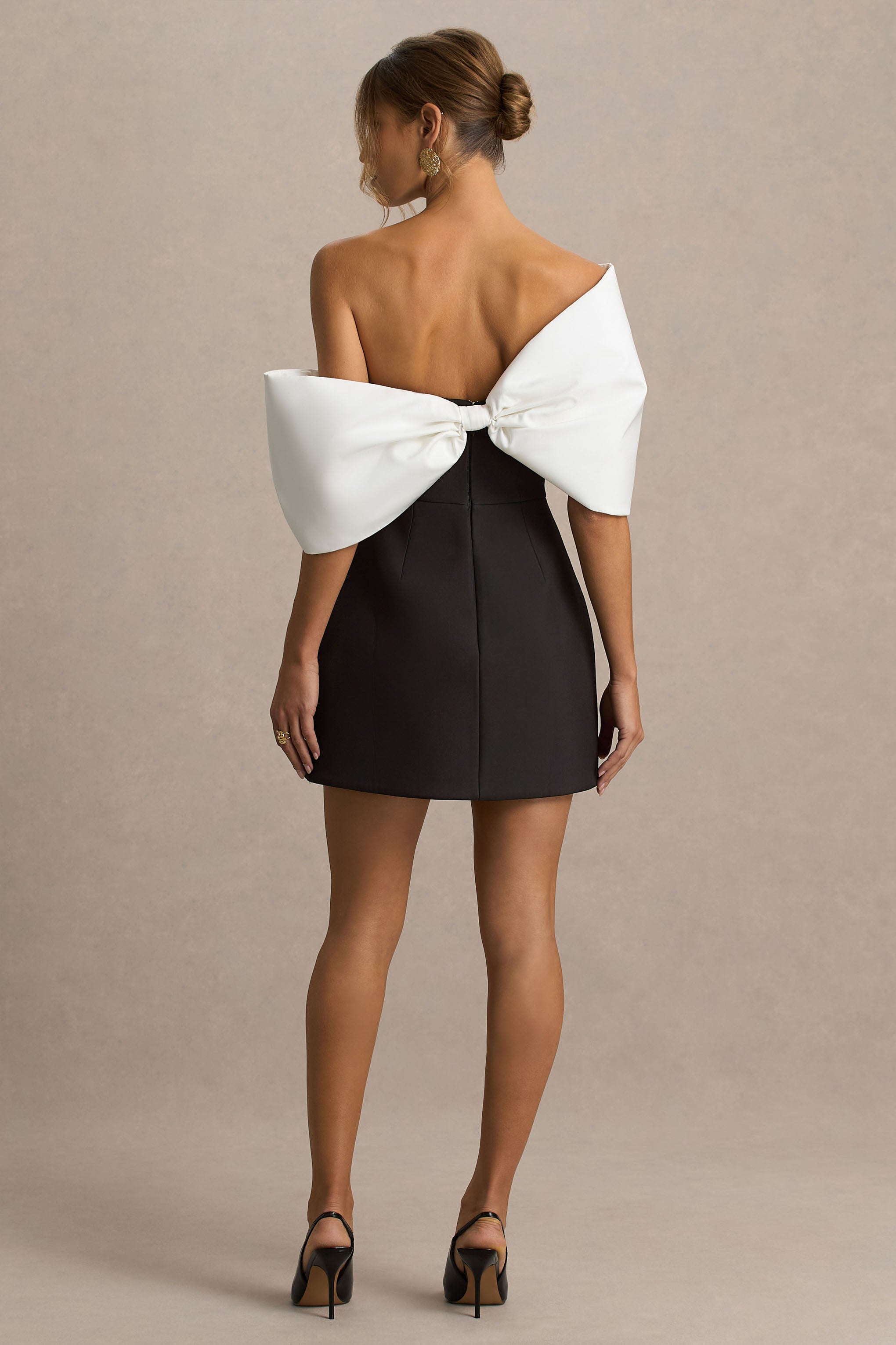 Tindra | Black And White Bandeau-Neck Mini Dress With Bow Sleeves