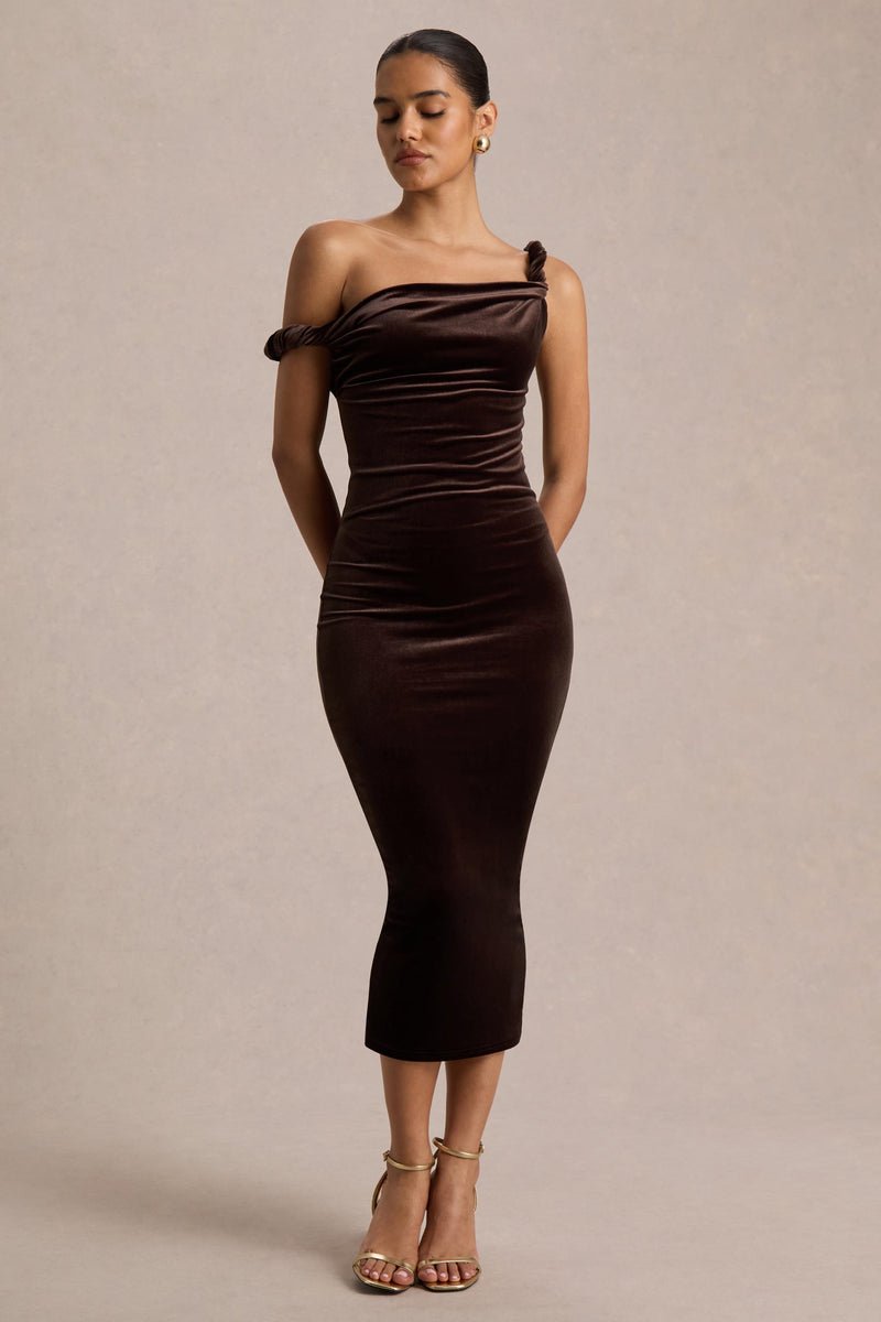 Carella Brown Velvet Twisted Asymmetric Midi Dress – Club L London