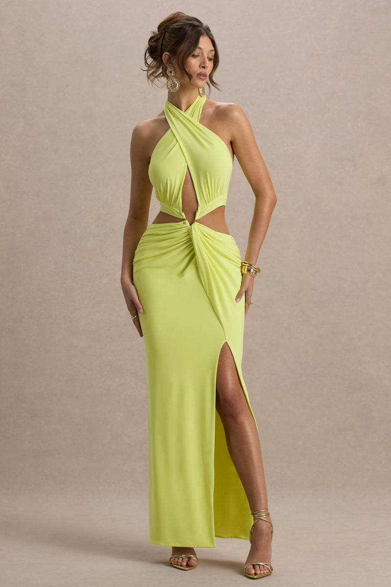High Neck Full Length Dress with Slit Lime Green