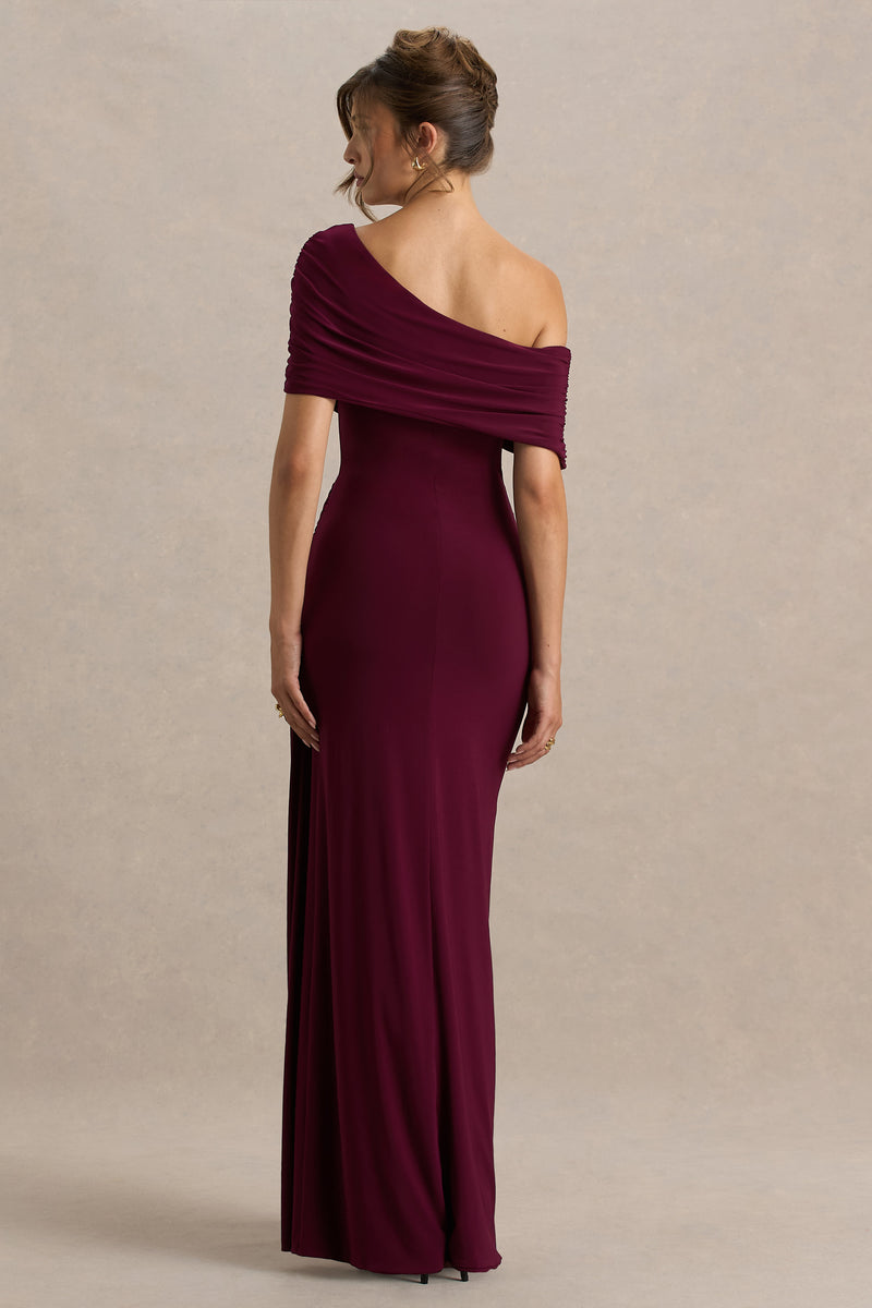 Dynasty Burgundy Asymmetric-Neck Maxi Dress With Ruched Detailing An – Club  L London