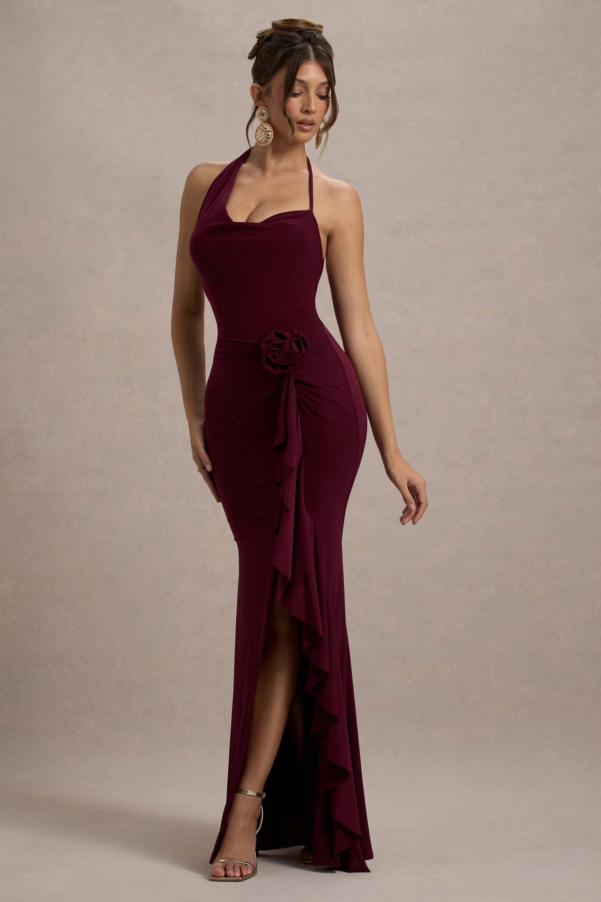 Lucena | Burgundy Cowl-Neck Wrap Maxi Dress With Floral Drape