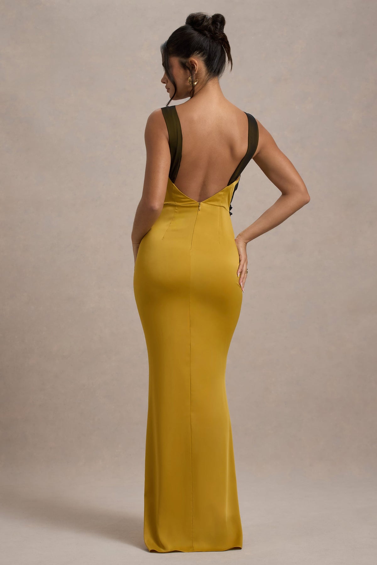 Sahara Mustard Satin V-Neck Maxi Dress With Black Lace Trim Club L London - SA Sahara Mustard Satin V-Neck Maxi Dress With Black Lace Trim Club L London - SA