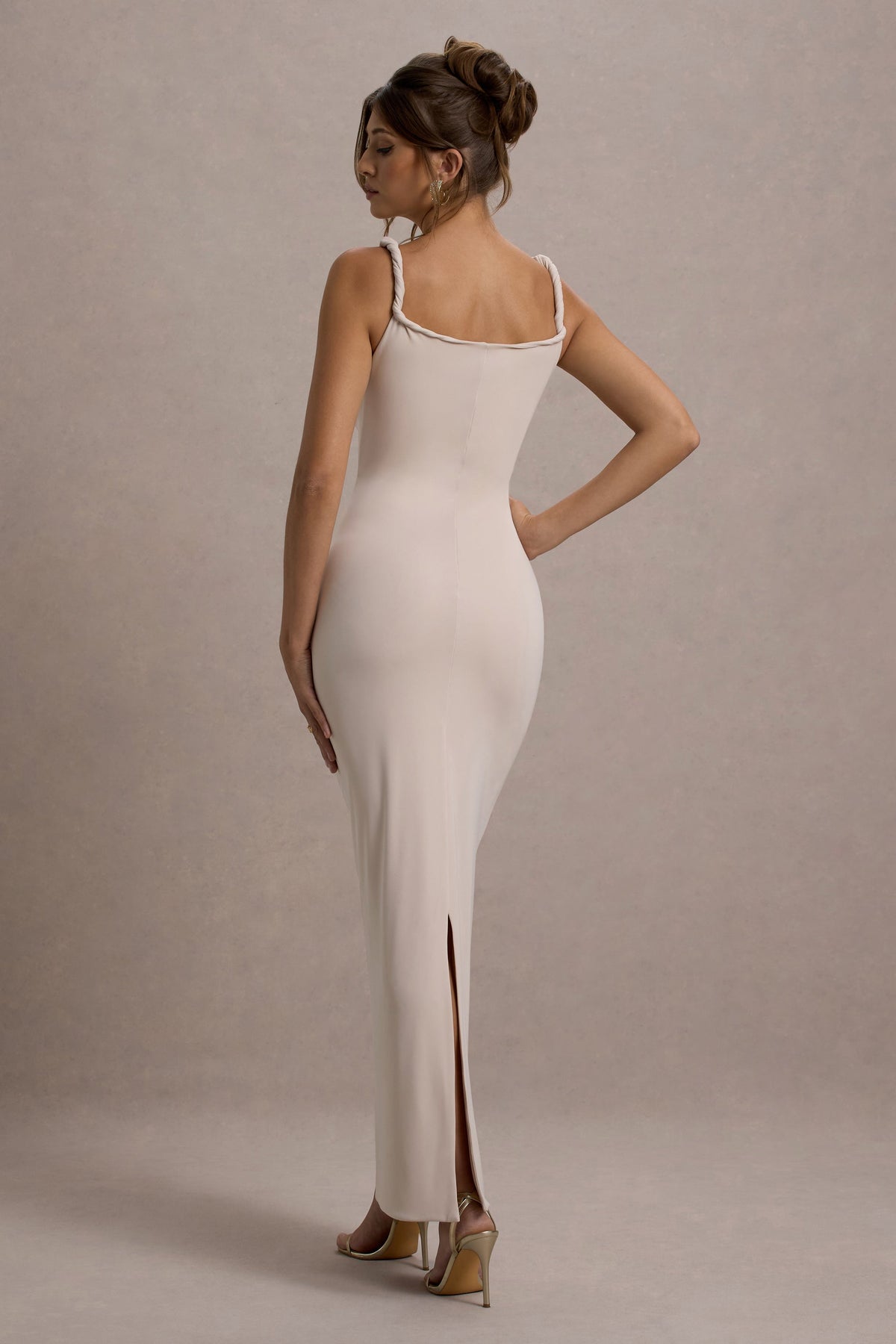 Twist Of Fate | Champagne Twist-Neck Maxi Dress