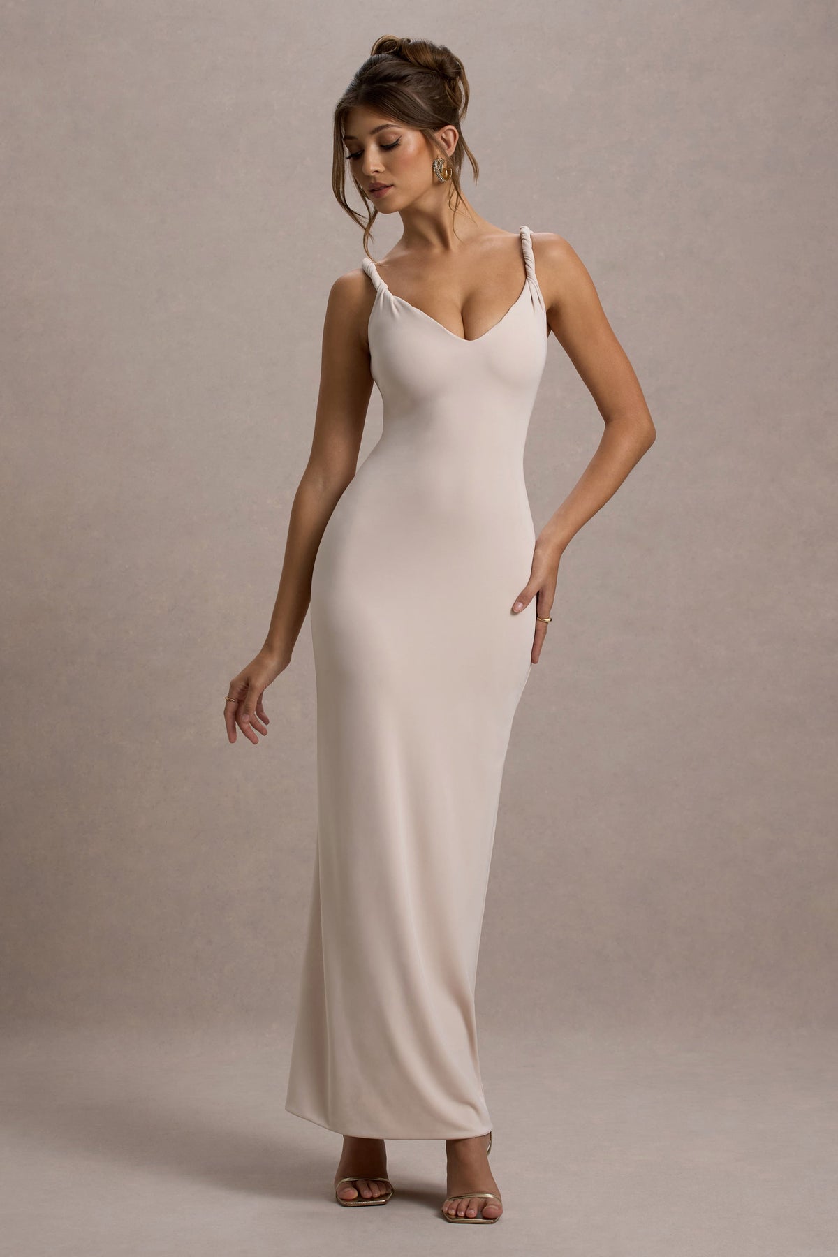 Twist Of Fate | Champagne Twist-Neck Maxi Dress