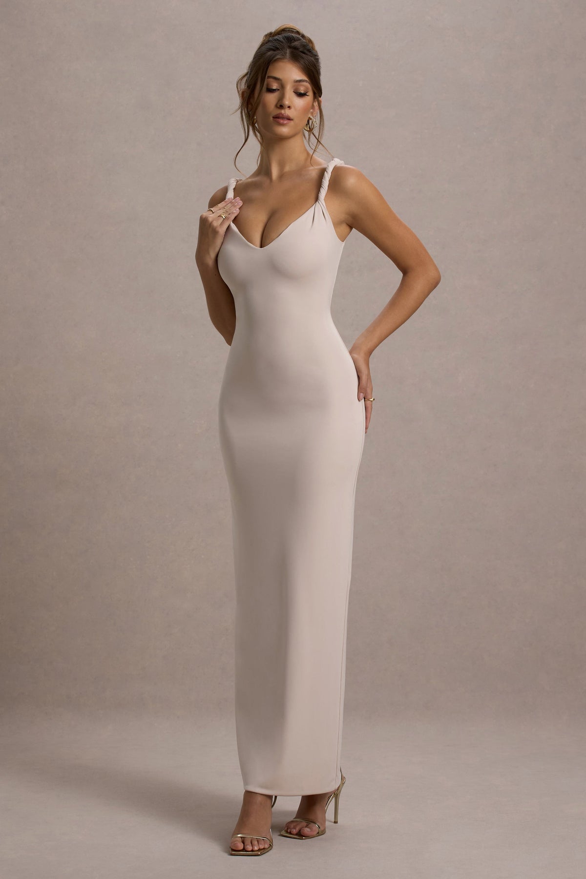 Twist Of Fate | Champagne Twist-Neck Maxi Dress