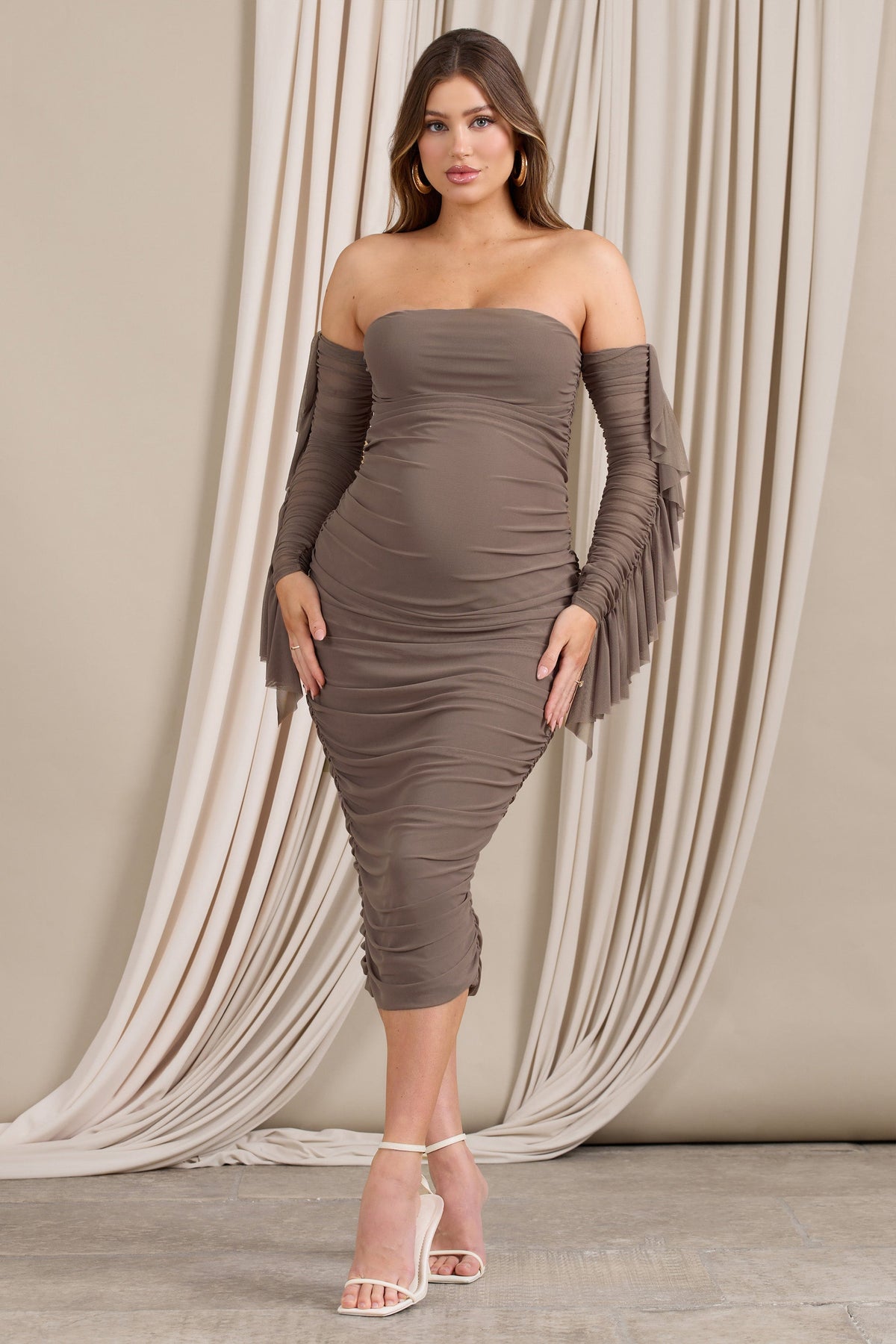 Aroma | Brown Ruched Mesh Maternity Midi Dress With Ruffled Sleeves