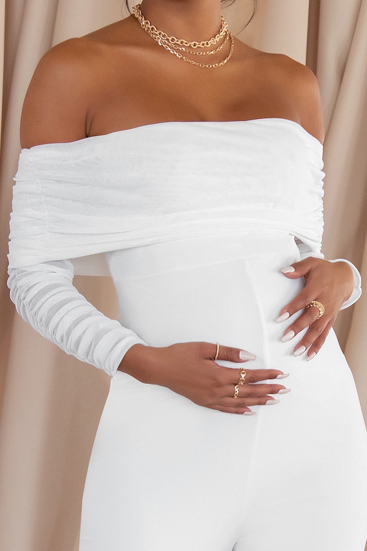 Count Down | White Maternity Ruched Mesh Bardot Jumpsuit