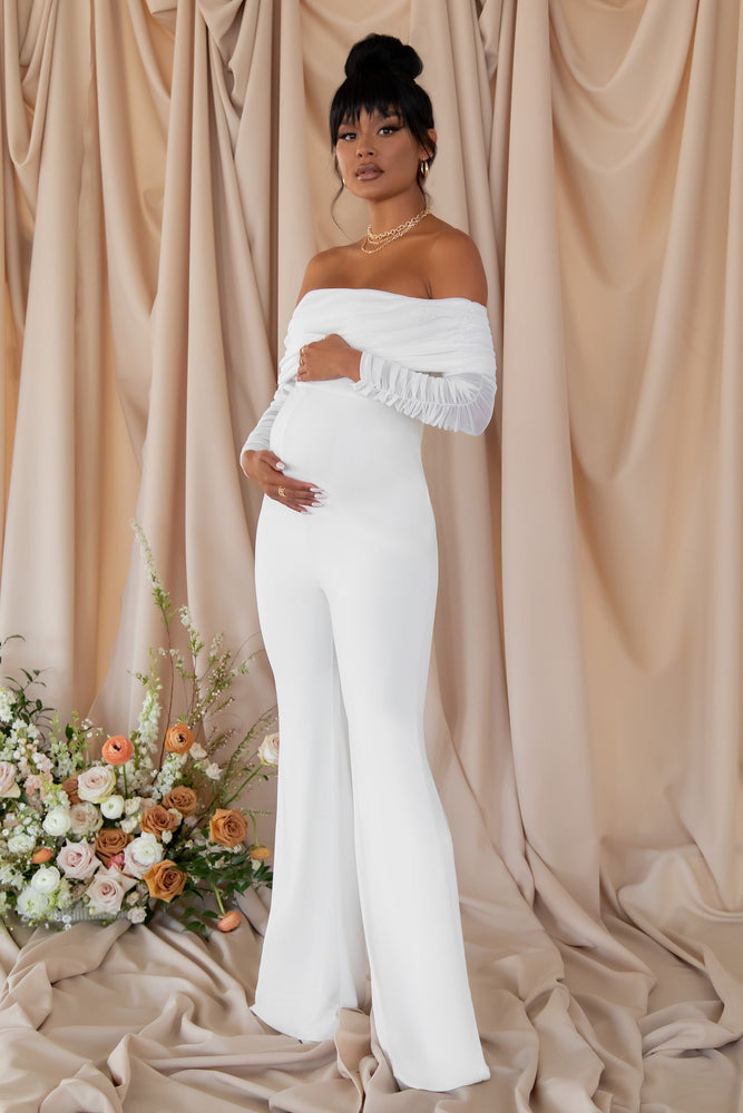 Count Down White Maternity Ruched Mesh Bardot Jumpsuit – Club L