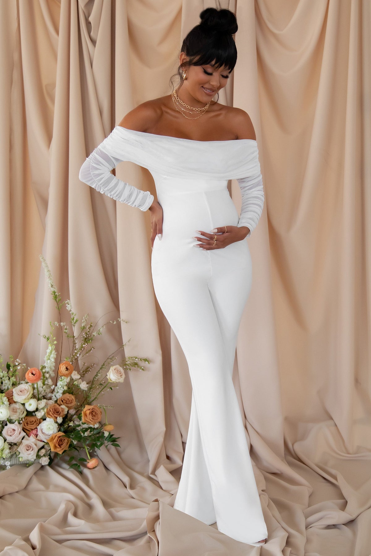 Count Down | White Maternity Ruched Mesh Bardot Jumpsuit