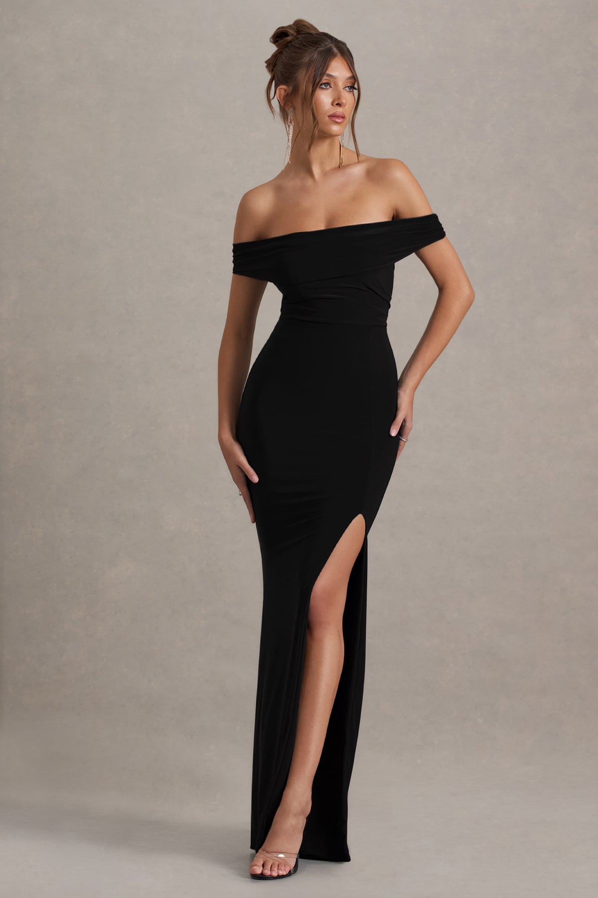 Law of Attraction Black Bardot Draped Split Maxi Dress Club L London - SA Law of Attraction Black Bardot Draped Split Maxi Dress Club L London - SA