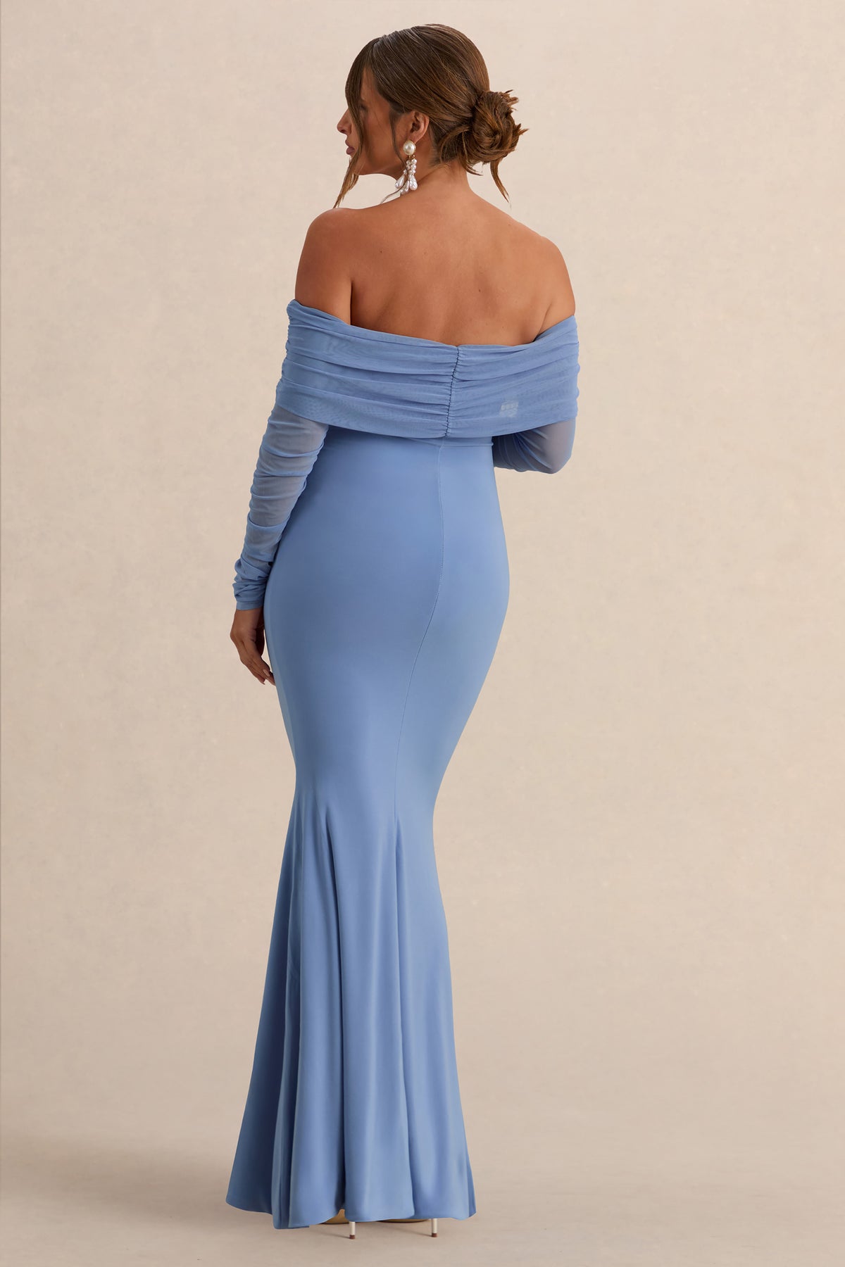 baby blue bardot fishtail maxi dress mesh cape retail ASOS DESIGN mesh bardot maxi dress with drape and ruffle detail in pale blue