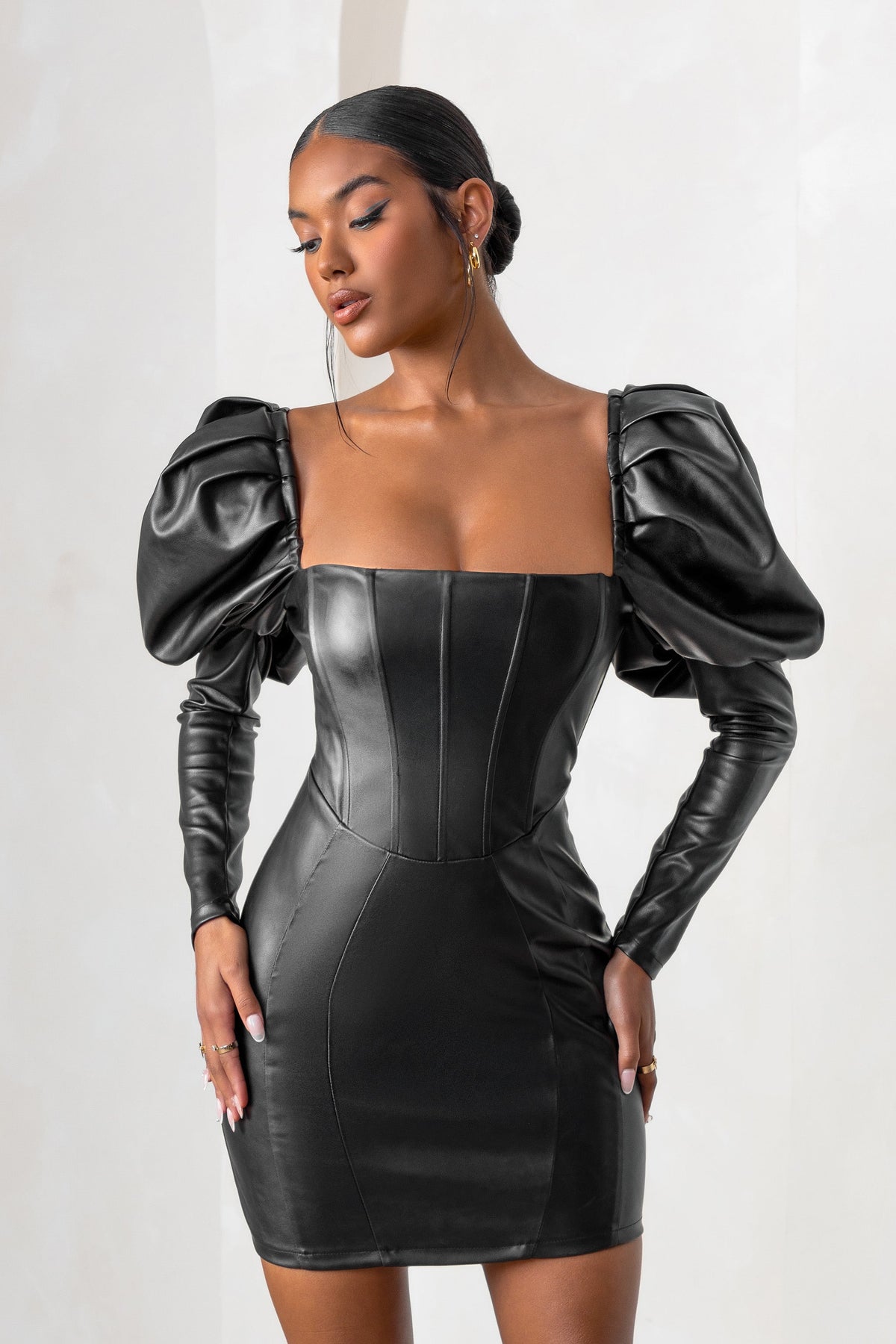 Karyme | Black Faux Leather Puff Sleeve Mini Dress With Corset Detail