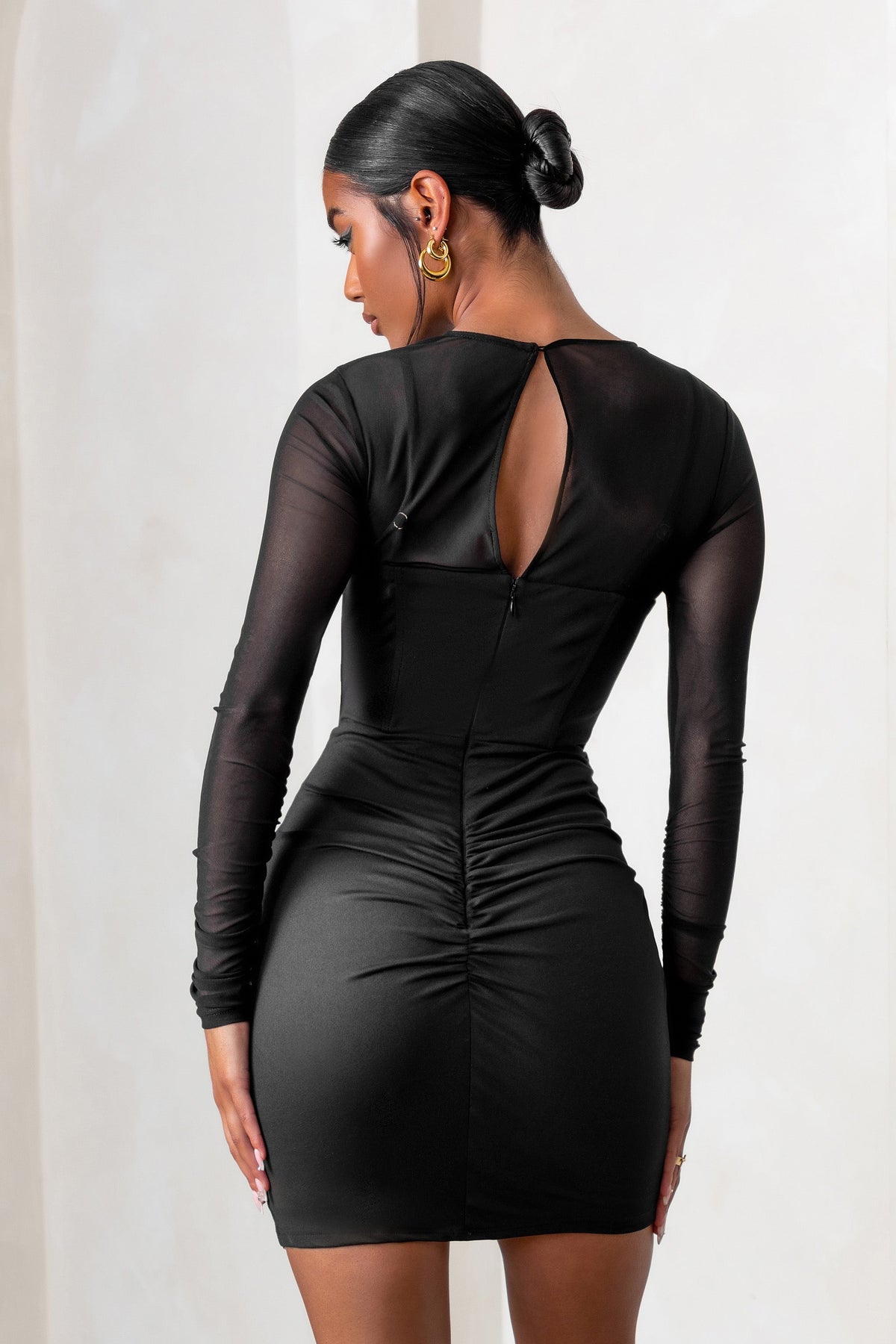 This Moment | Black High Neck Cut Out Mini Dress With Mesh Sleeves