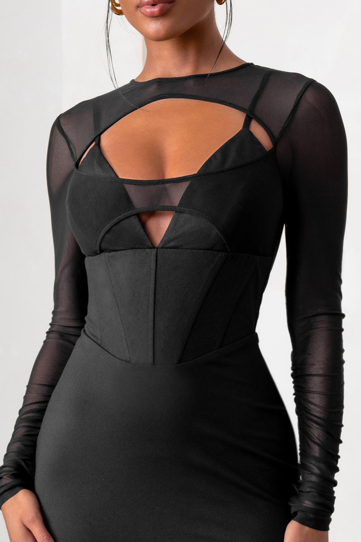 This Moment | Black High Neck Cut Out Mini Dress With Mesh Sleeves