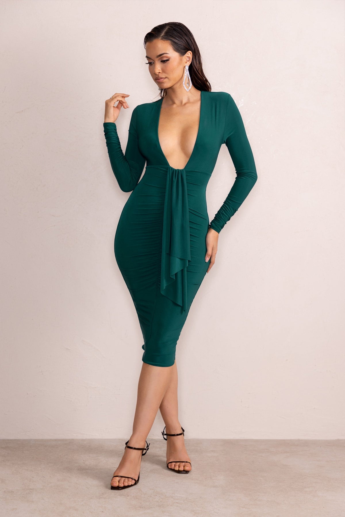 Inspirational | Bottle Green Plunge Neck Long Sleeves Ruched Midi Dress With Drape Detail