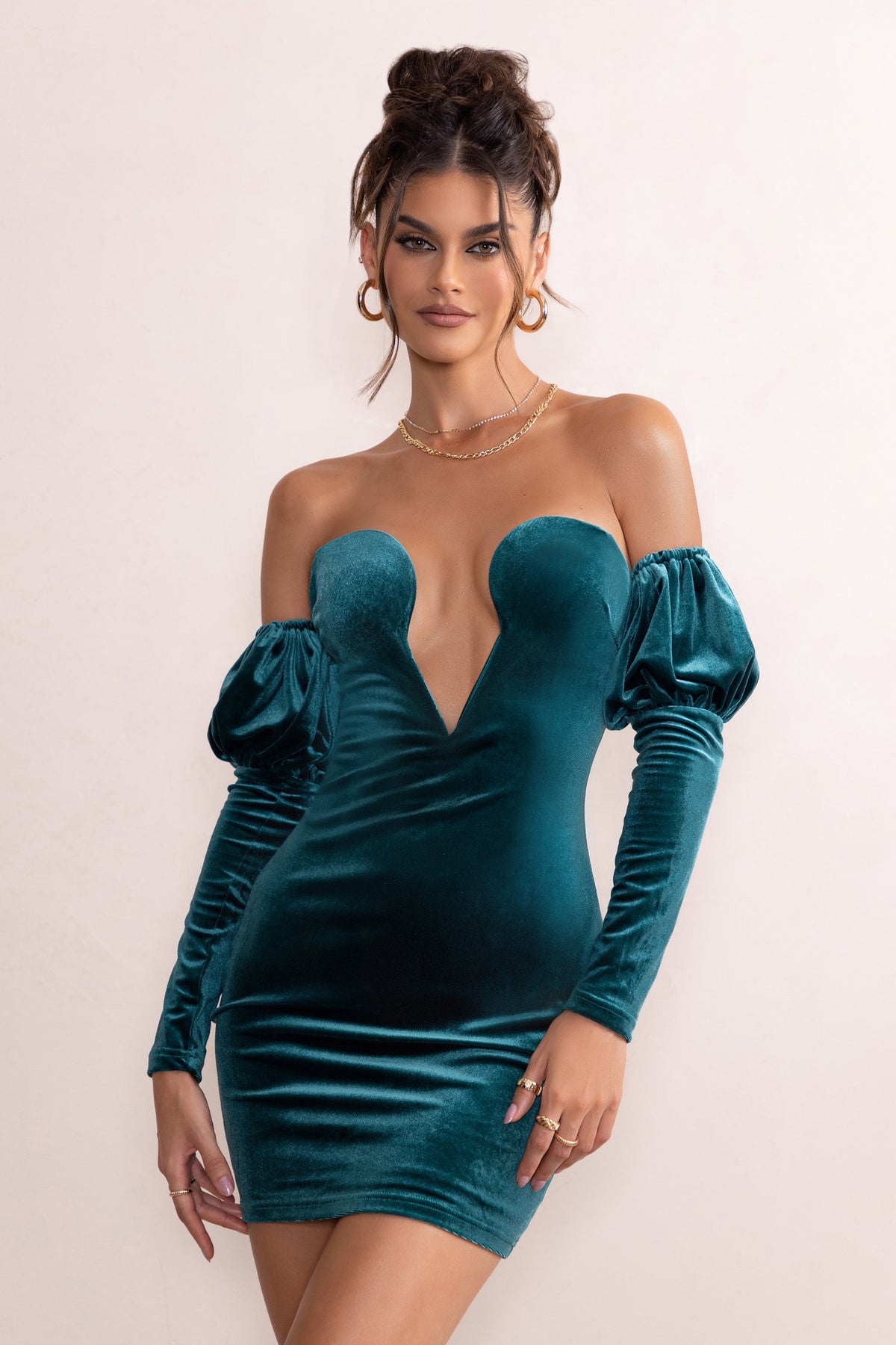 Ivy | Green Velvet Cut Out Mini Dress With Ruffle Sleeves