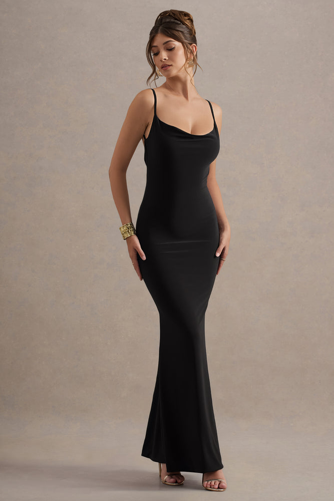 premium jersey cowl neck backless maxi dress Francoise | White Cowl Neck Backless Maxi Dress With Lace Insert