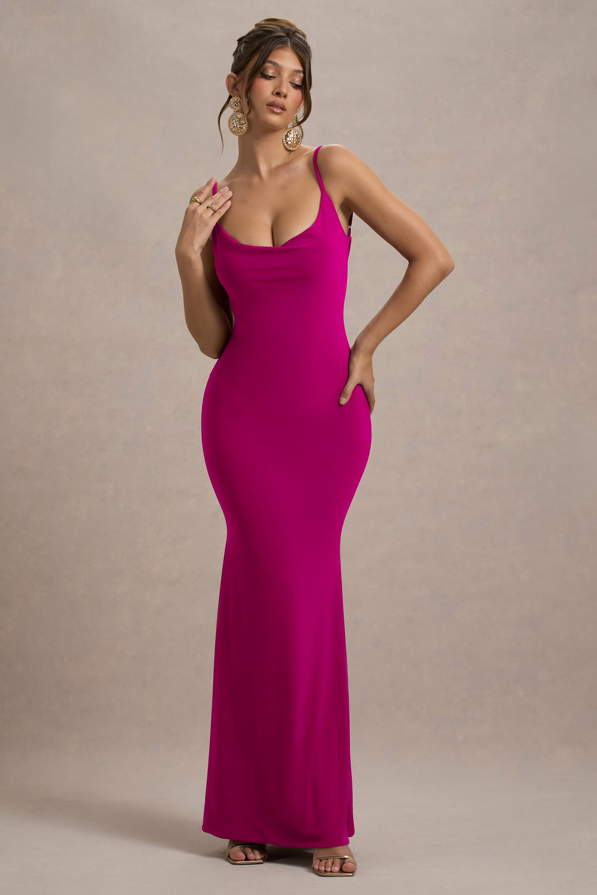 HR_CL128401083 - Francoise | Dark Pink Cowl Neck Backless Maxi Dress With Lace Insert.jpg