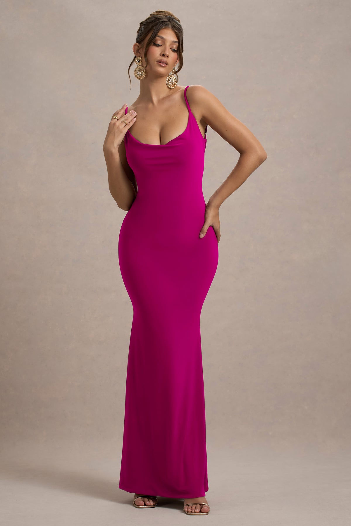 HR_CL128401083 - Francoise | Dark Pink Cowl Neck Backless Maxi Dress With Lace Insert.jpg