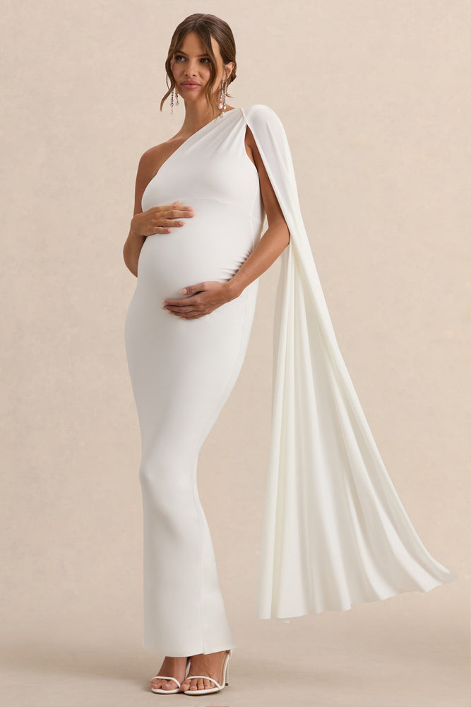 Amaryllis White Maternity One Shoulder Maxi Dress with Cape Sleeve – Club L  London