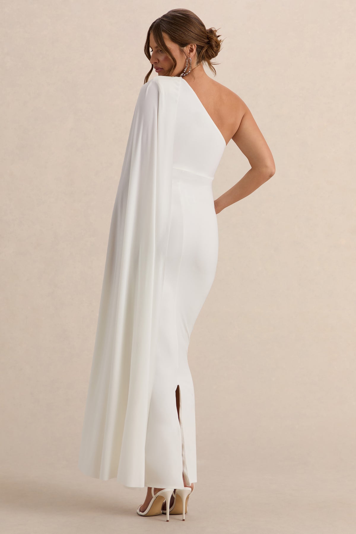 white one shoulder cape dress White One Shoulder Dress with Feather Slit and Flowing Cape Sleeve Walone LLC
