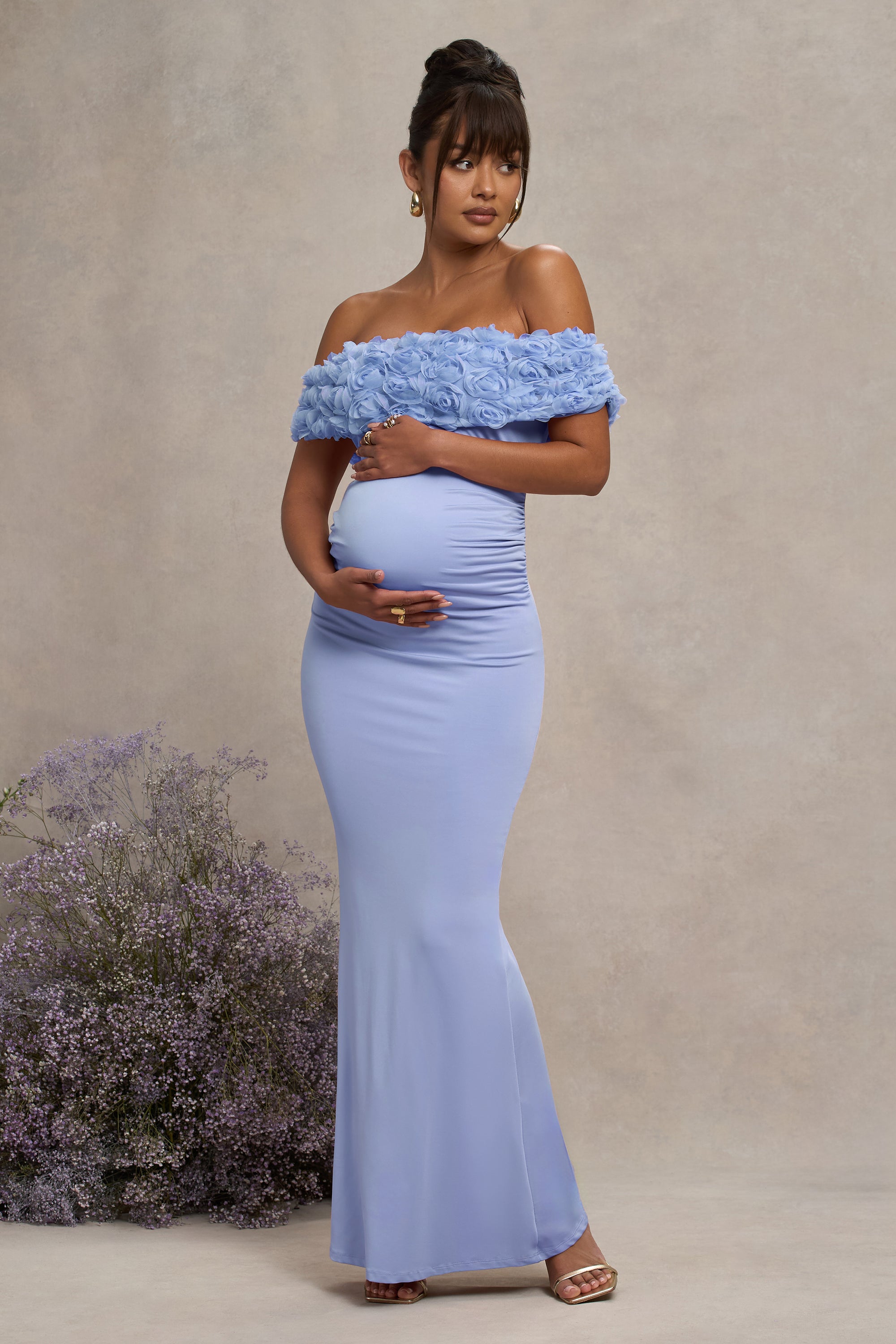 Inflorescence | Powder Blue Mesh Floral Bardot Maternity Maxi Dress – Club L London