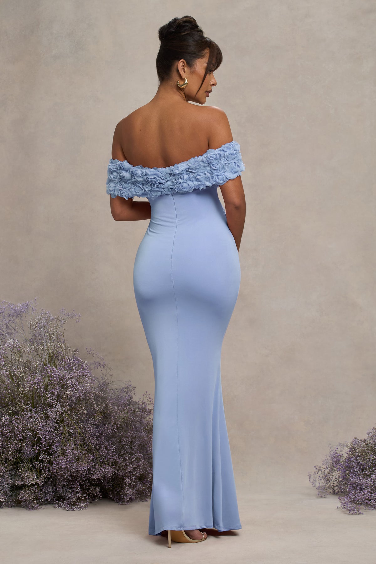 baby blue bardot fishtail maxi dress mesh cape retail Inflorescence Powder Blue Mesh Floral Bardot Maternity Maxi Dress Club L London