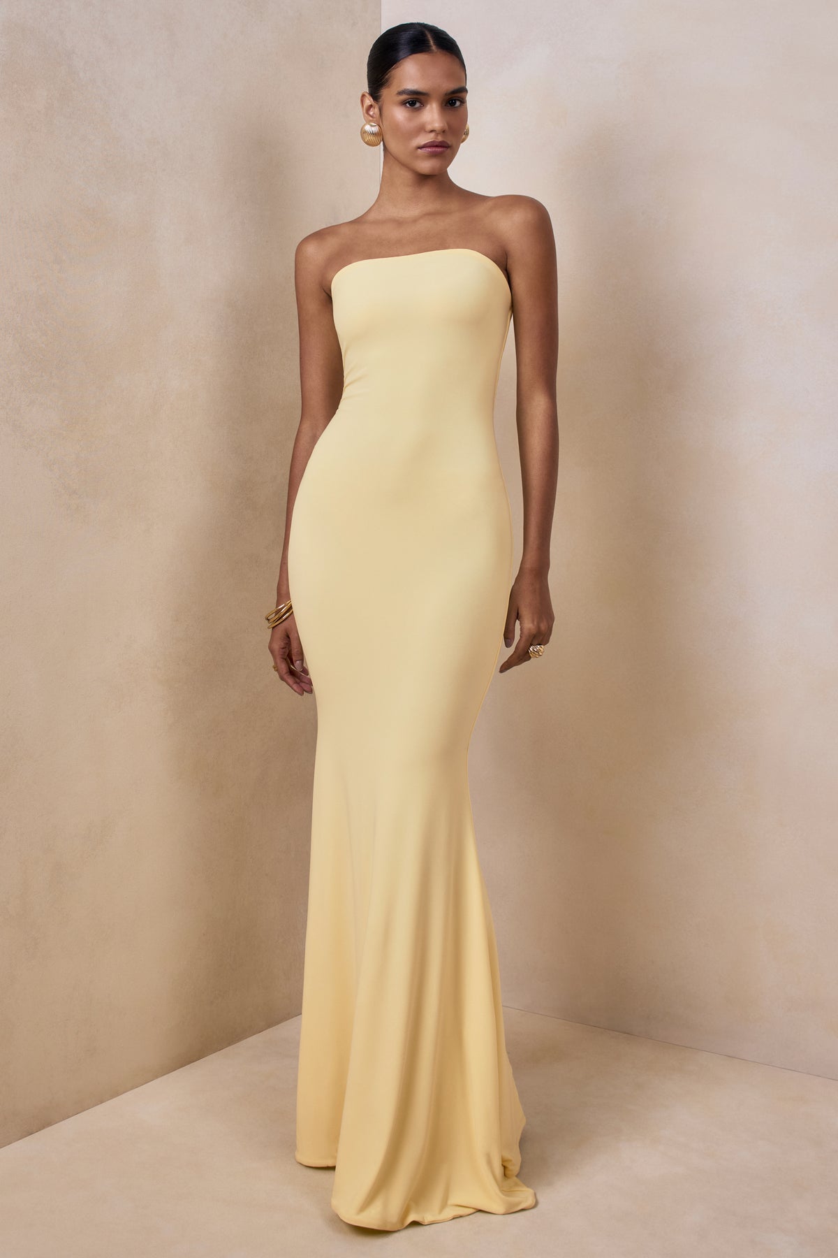 bandeau fishtail maxi dress PrettyLittleThing Women's PLT Label Plus Golden Slinky Ruched Bandeau Fishtail Maxi Dress in Olive