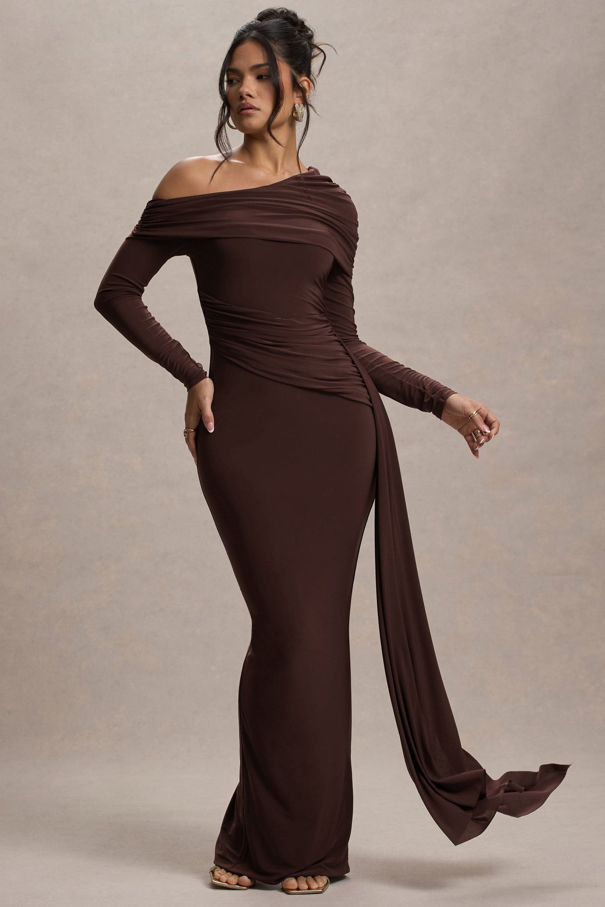 burgundy ruched asymmetric maxi dress with drape Valina Brown Ruched Asymmetric Maxi Dress With Drape – Club L London