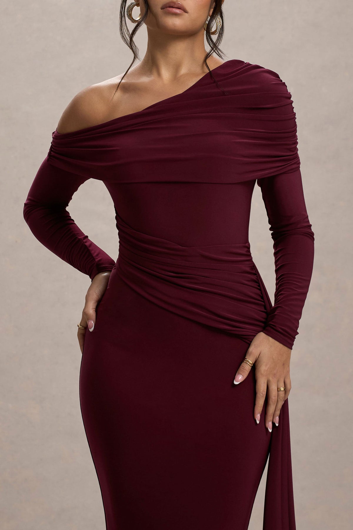 burgundy ruched asymmetric maxi dress with drape Asymmetric Ruched Gown with Diagonal Draping(MS262) Black / XL