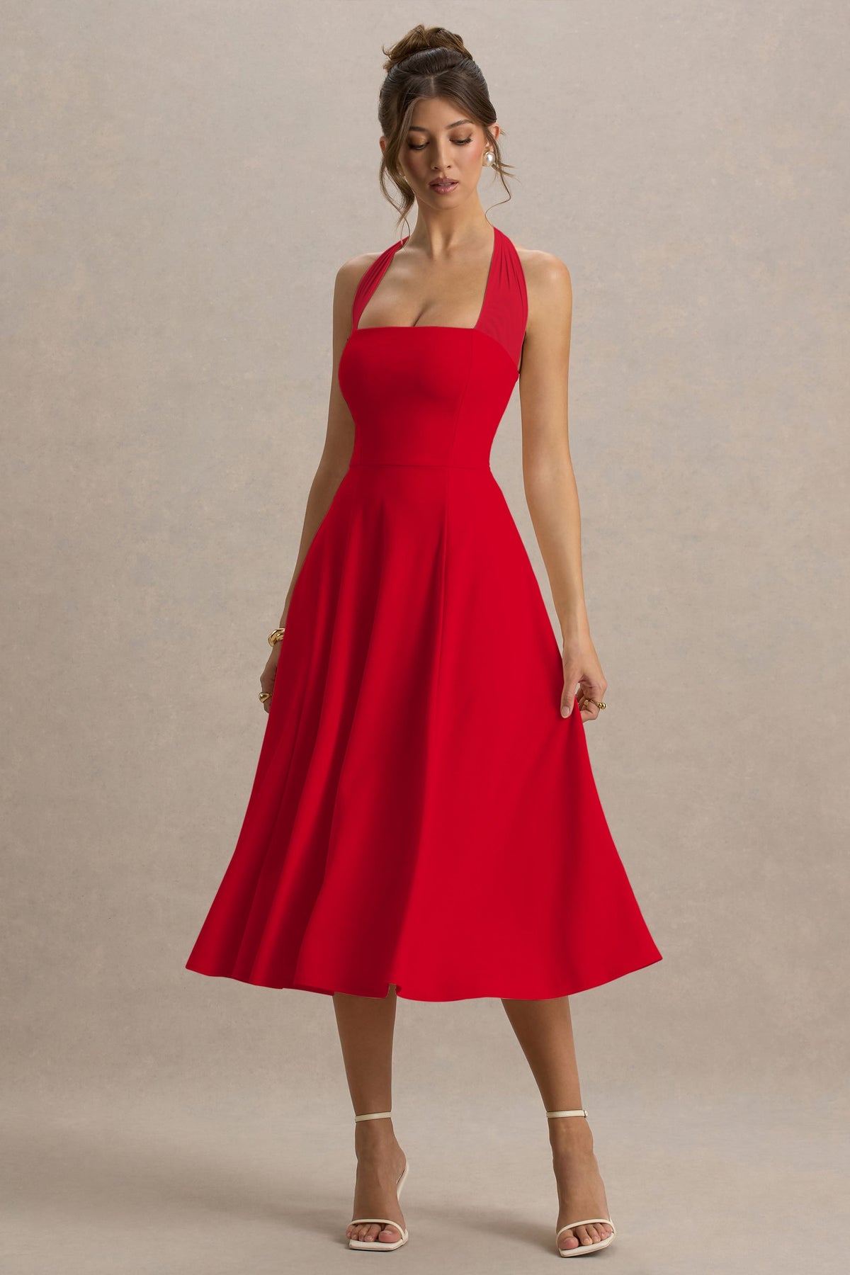Auburn | Red Halter Skater Midi Dress – Club L London