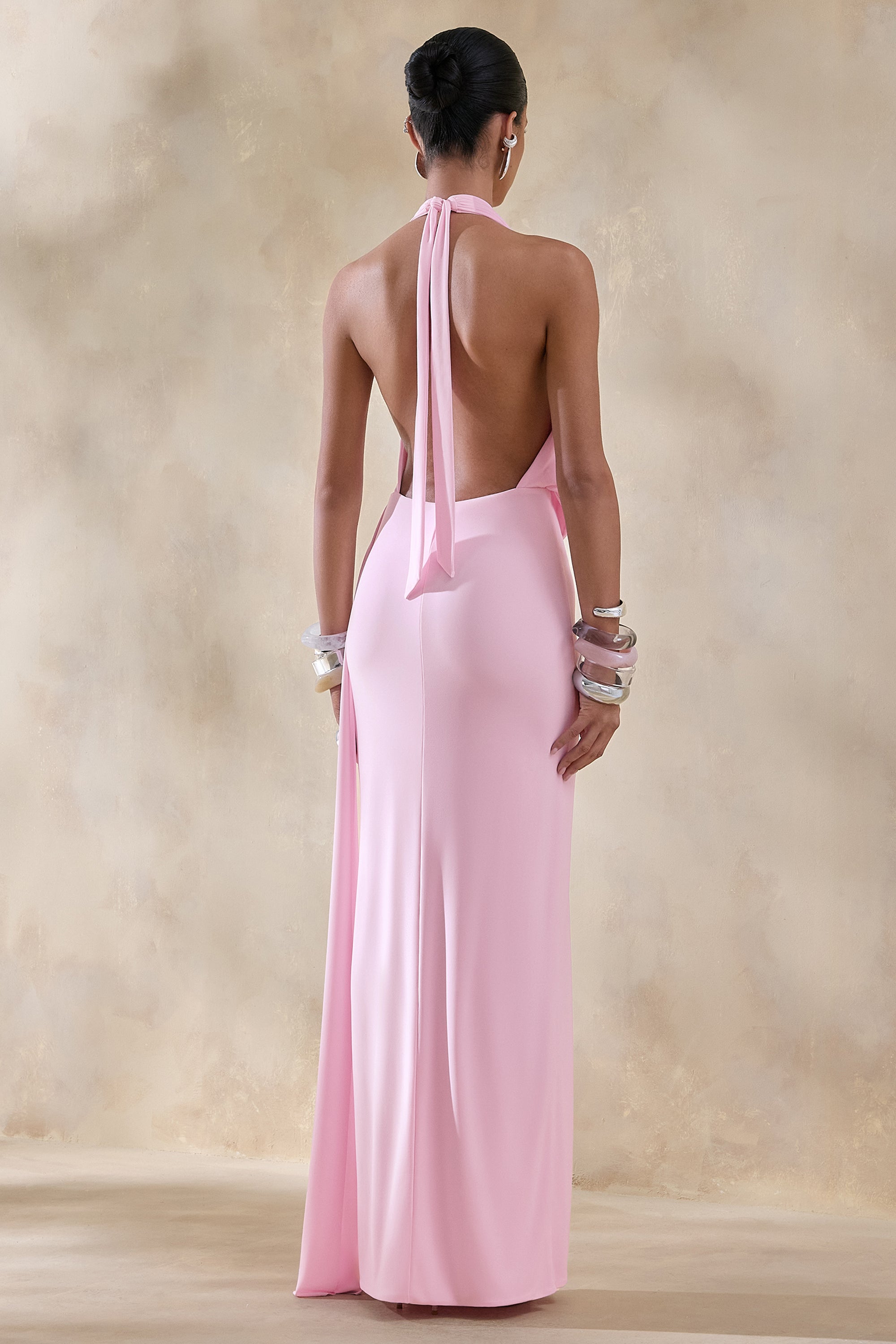 ECM_HR_CL135883084 - Rosina | Pink Halter-Neck Draped Maxi Dress With Sash 04.jpg