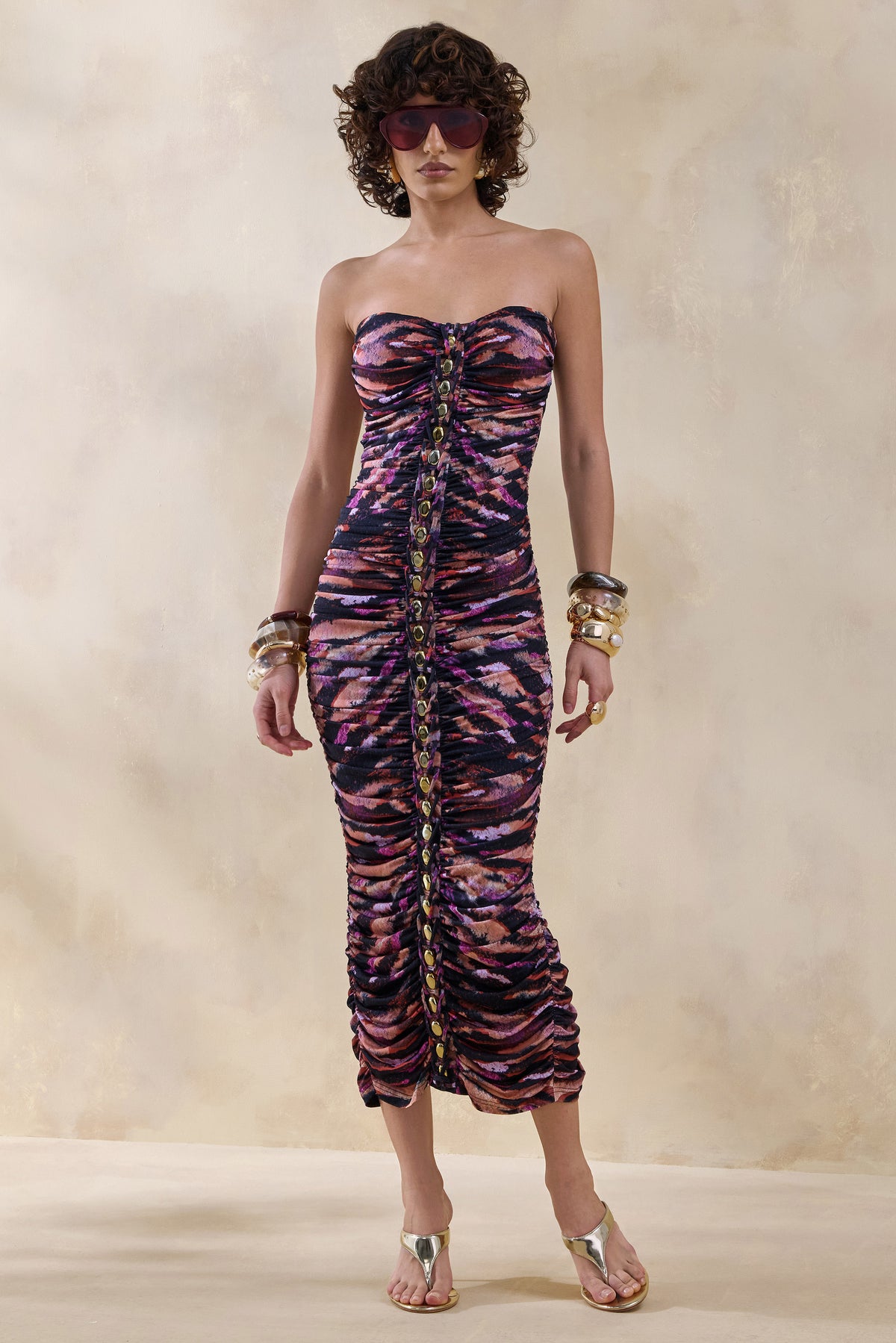 Spontaneity Zebra Print Bandeau Ruched Midi Dress – Club L London