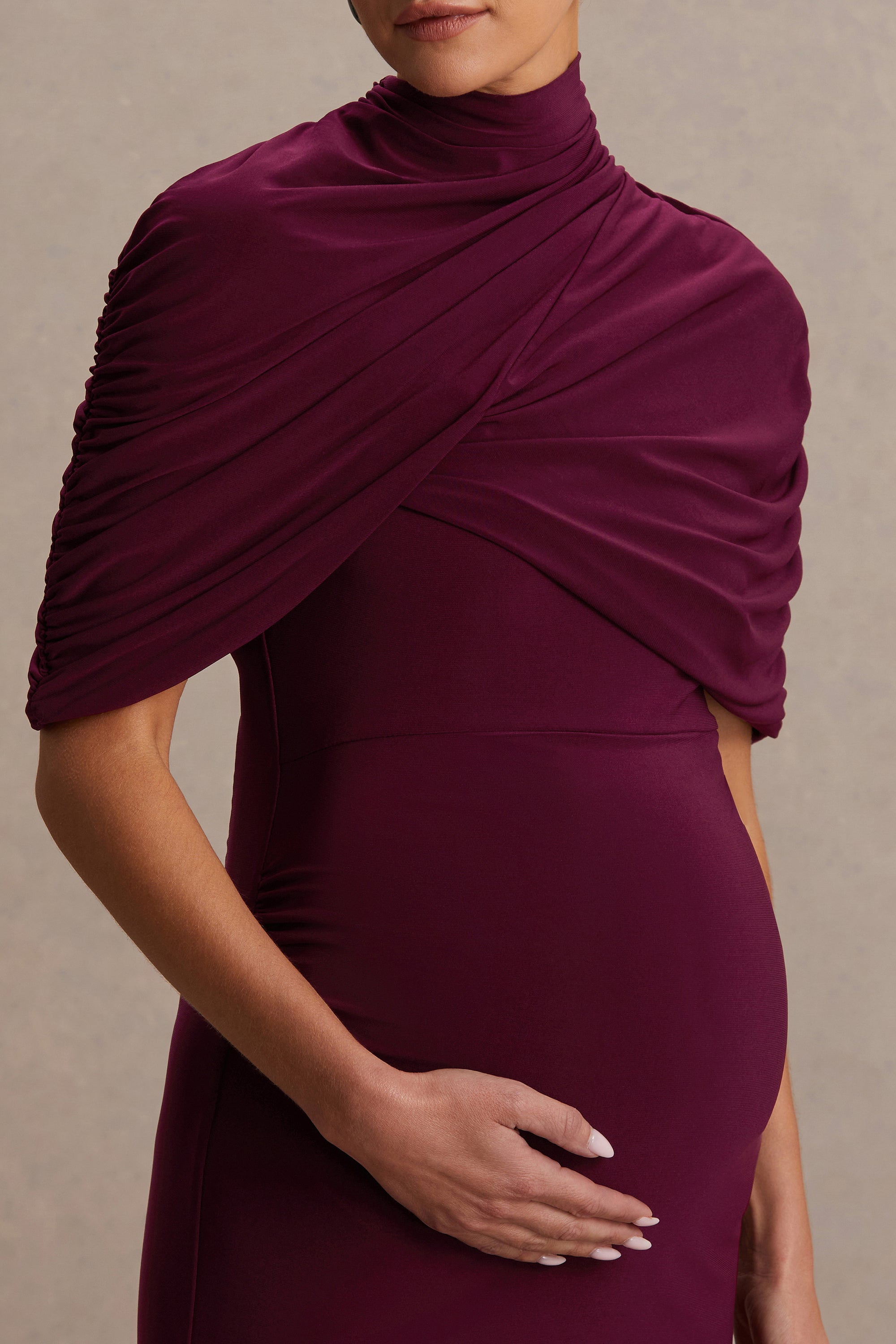 Augustina | Burgundy Maternity Midi Dress With Cape – Club L London