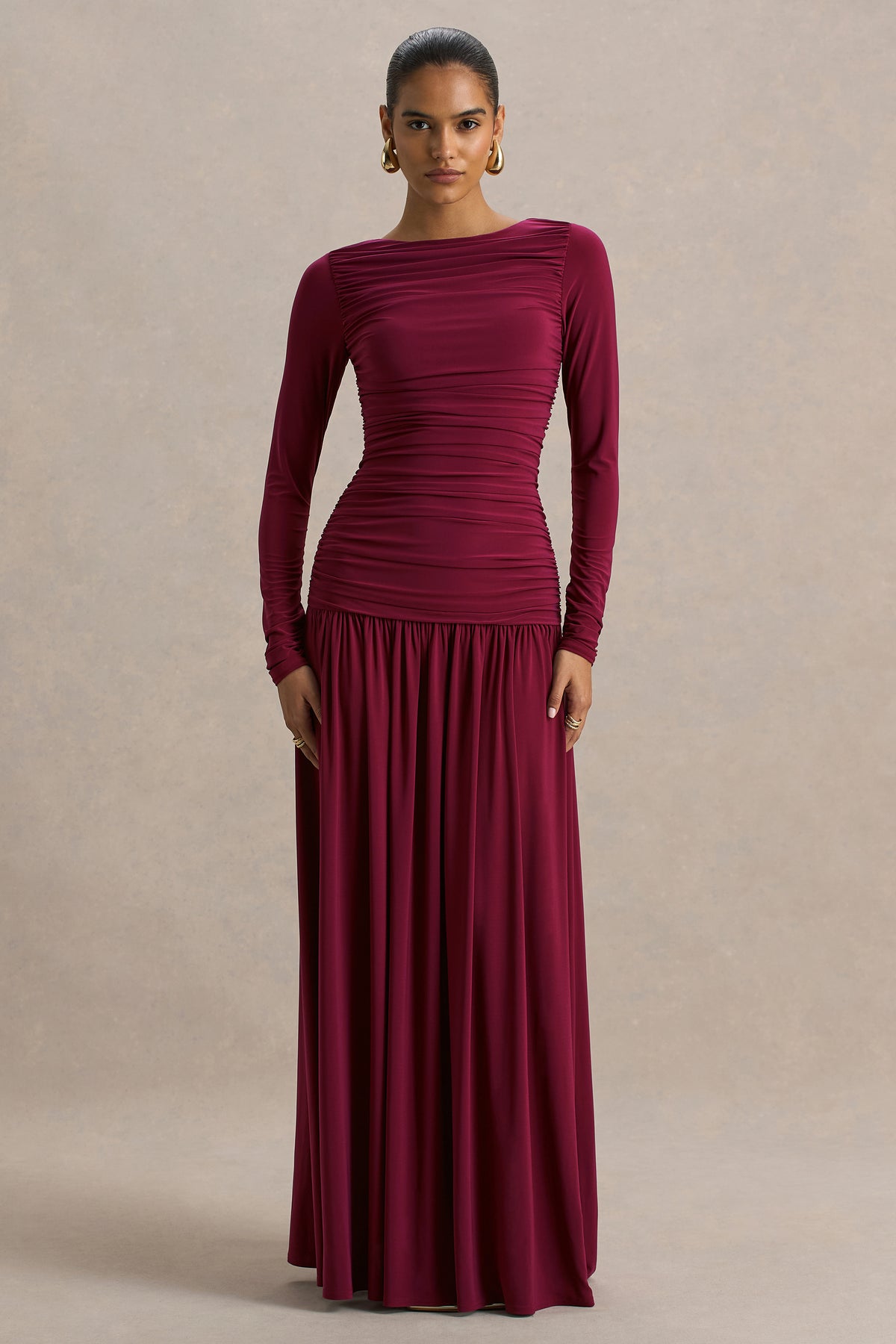 HR_CL136331037 - Aniyah Burgundy High-Neck Maxi Dress With Ruched Detailing03H.jpg