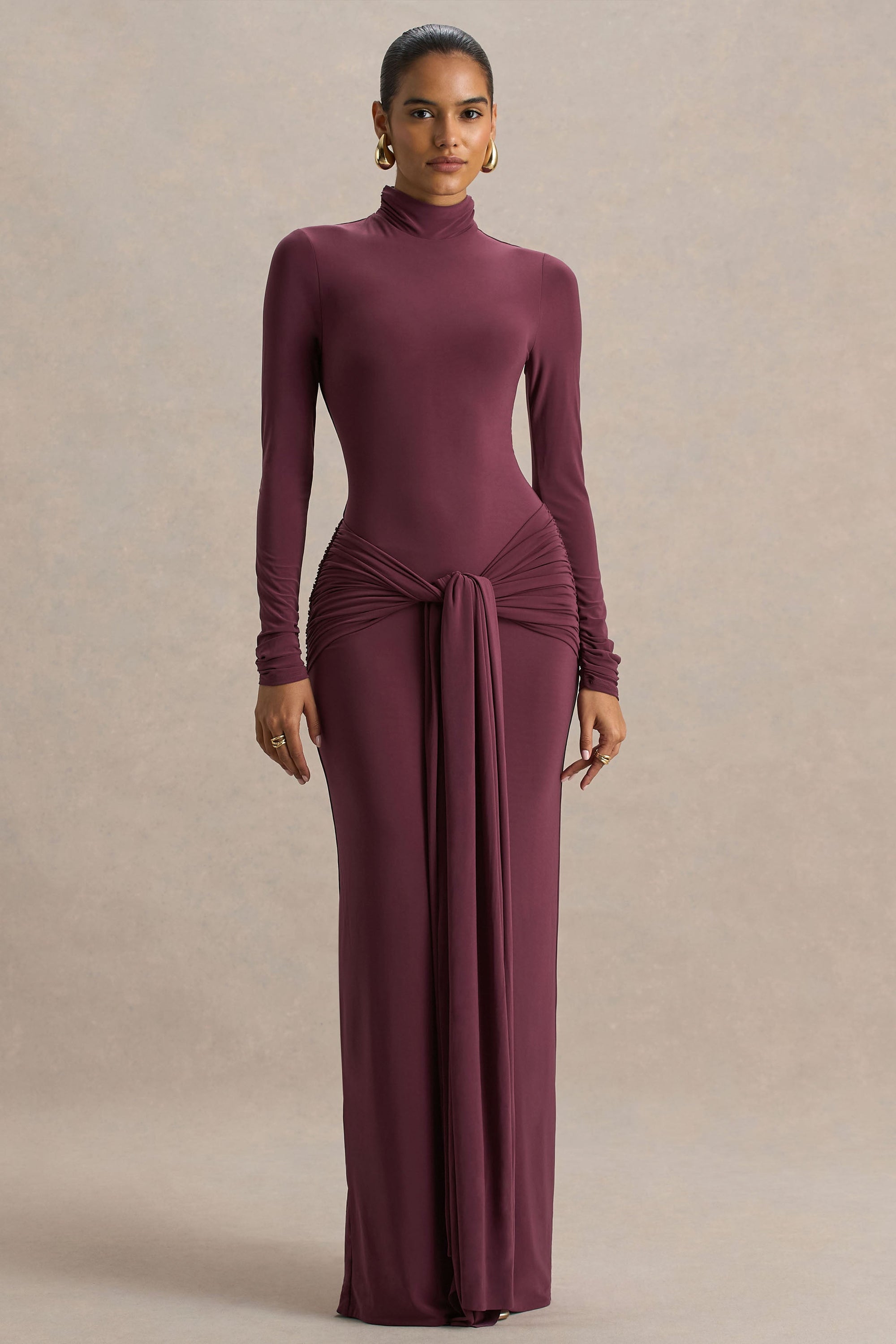 Myra | Burgundy High-Neck Maxi Dress With Sash and Ruched Detailing – Club L London