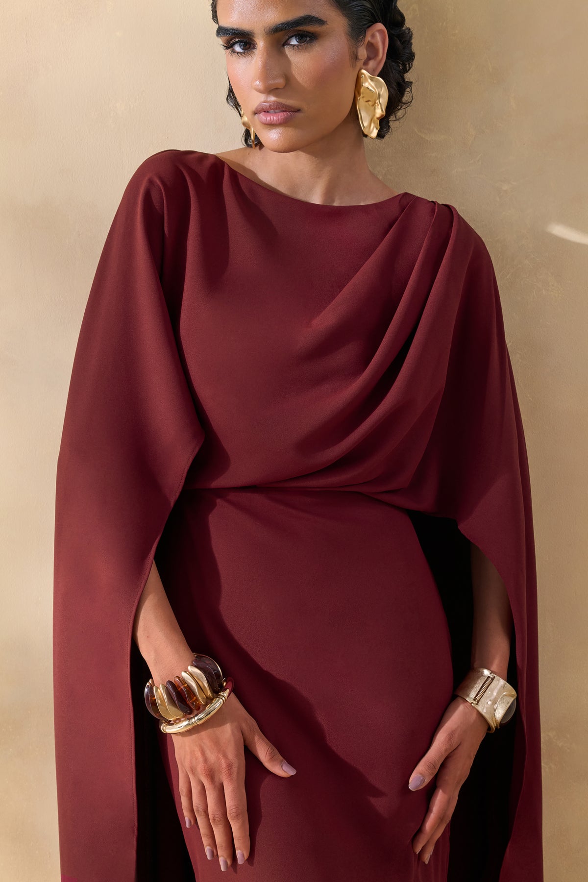 Pristina Burgundy High-Neck Woven Maxi Dress With Cape Detail Club L London - SA Pristina Burgundy High-Neck Woven Maxi Dress With Cape Detail Club L London - SA