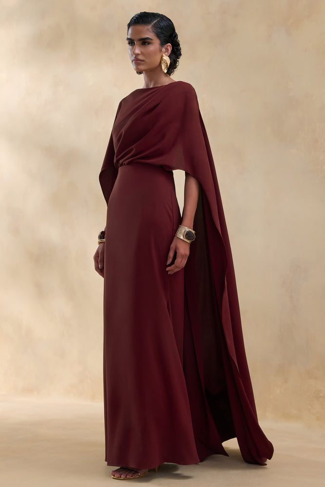 Pristina Burgundy High-Neck Woven Maxi Dress With Cape Detail  Club L  London - SA