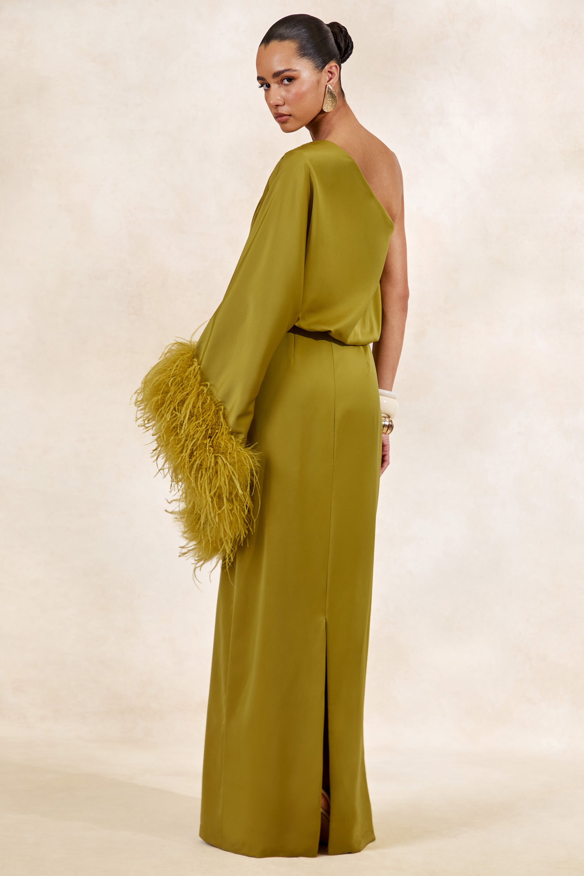CL136380031 - Felicity _ Olive Satin Asymmetric-Neck Maxi Dress With Feather Detailing6.jpg