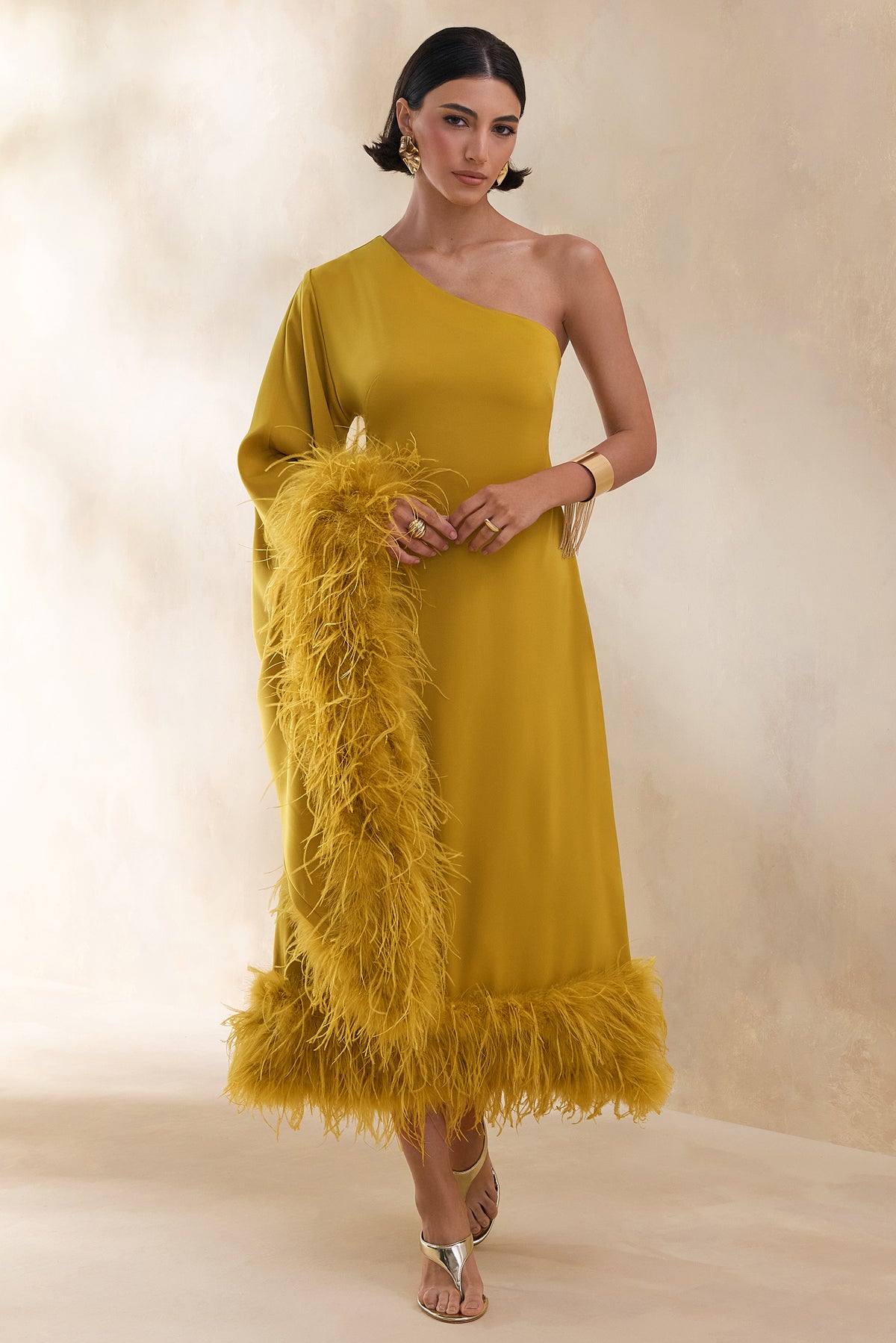 Destiny Yellow Satin Asymmetric-Neck Midi Dress With Feather Details  Club  L London - SA