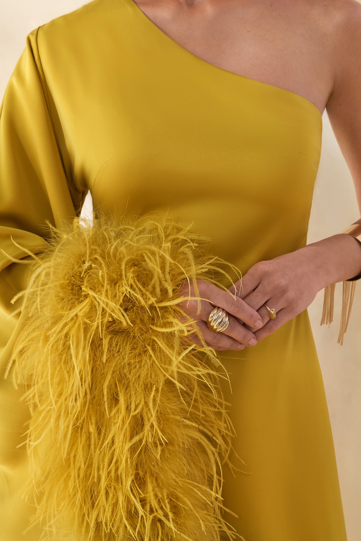 Destiny Yellow Satin Asymmetric-Neck Midi Dress With Feather Details  Club  L London - SA