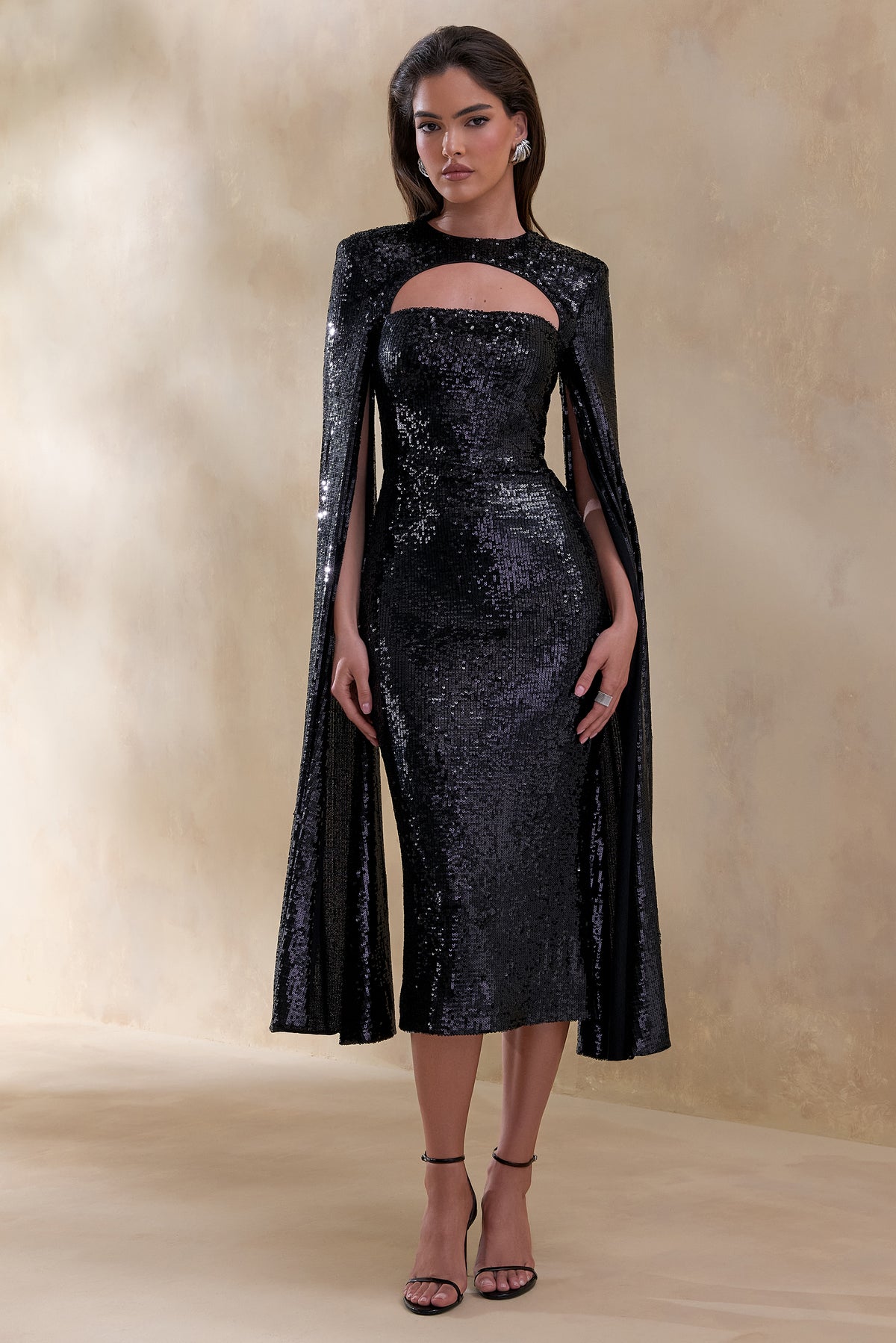 sachin and babi light blue dress Adeline Black Sequin Crew-Neck Midi Dress With Cape Sleeves – Club L London